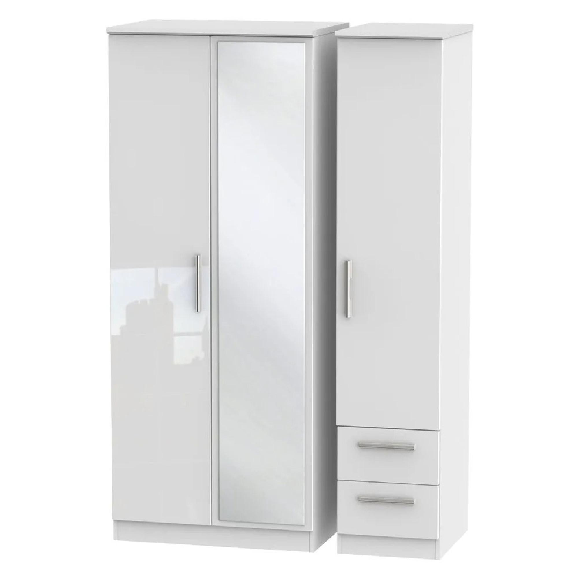 Knightsbridge Wardrobe - 3 Door - 1 Mirror - RHF 2 Drawer - Combi - White Gloss