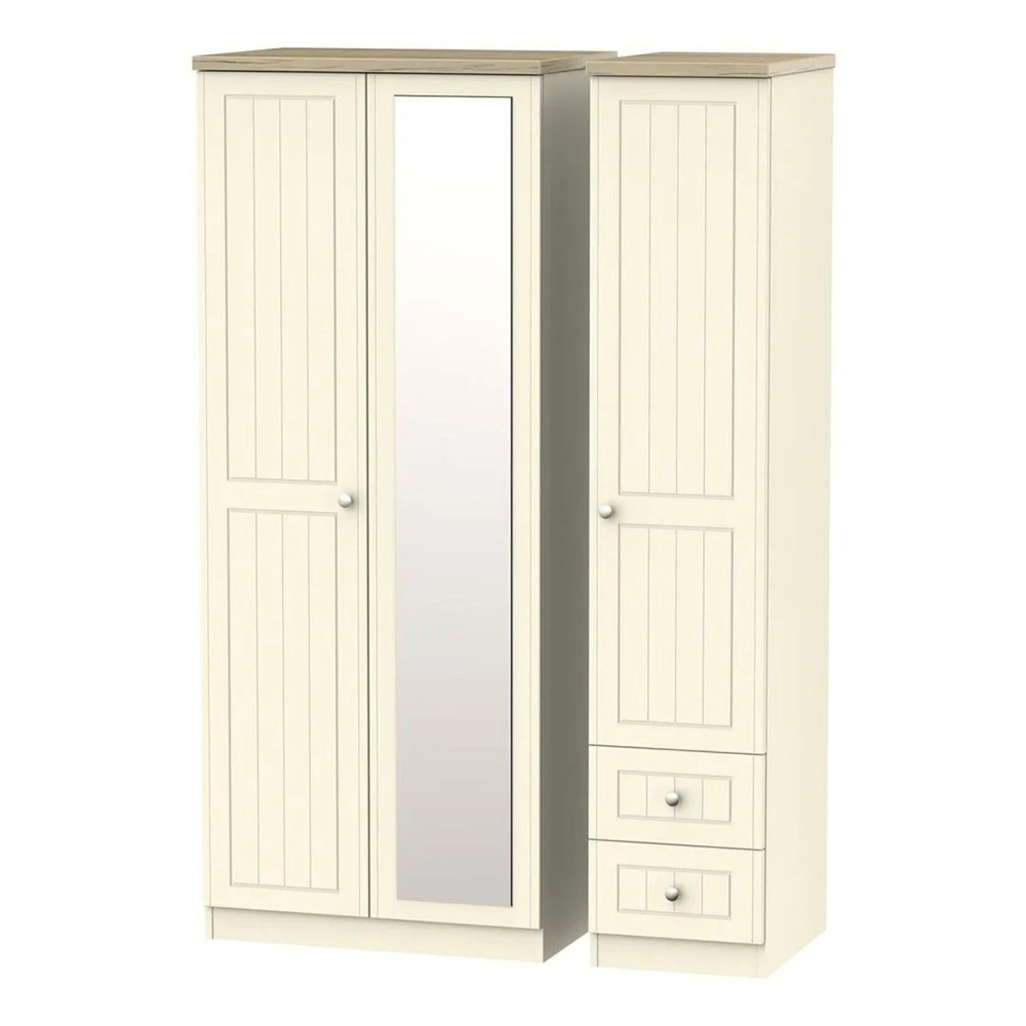 Vienna Wardrobe - 3 Door - 1 Mirror - RHF 2 Drawers - Combi - Cream
