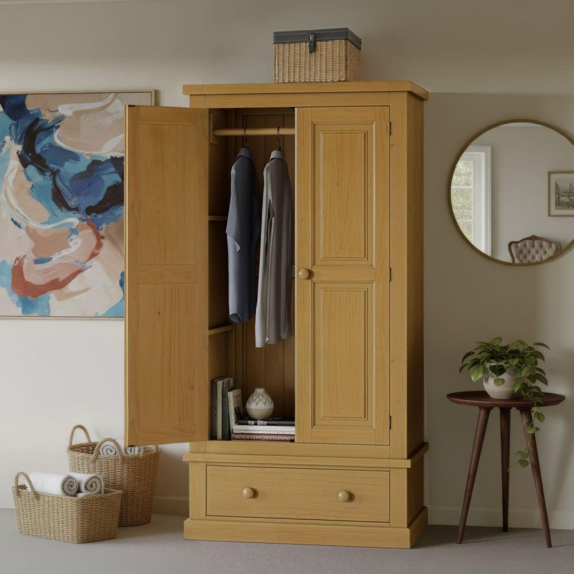 Churchill Waxed Pine 2 Door 1 Drawer Double Wardrobe