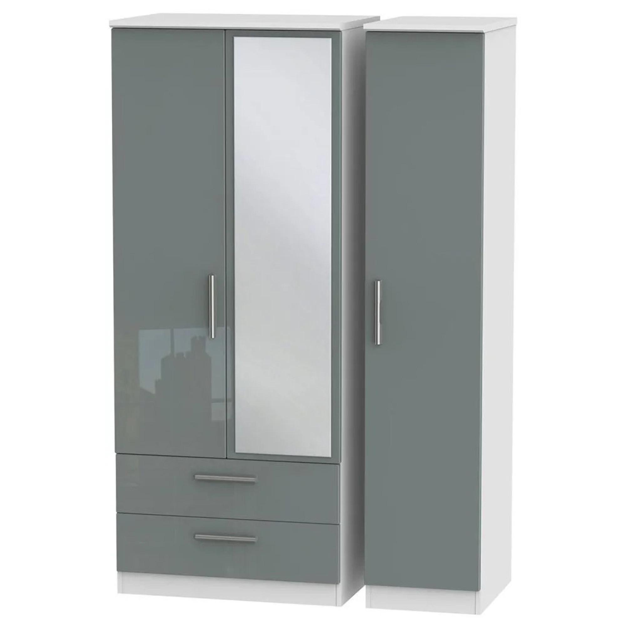 Knightsbridge Wardrobe - 3 Door - 1 Mirror - LHF 2 Drawers - Combi - Grey Gloss and White