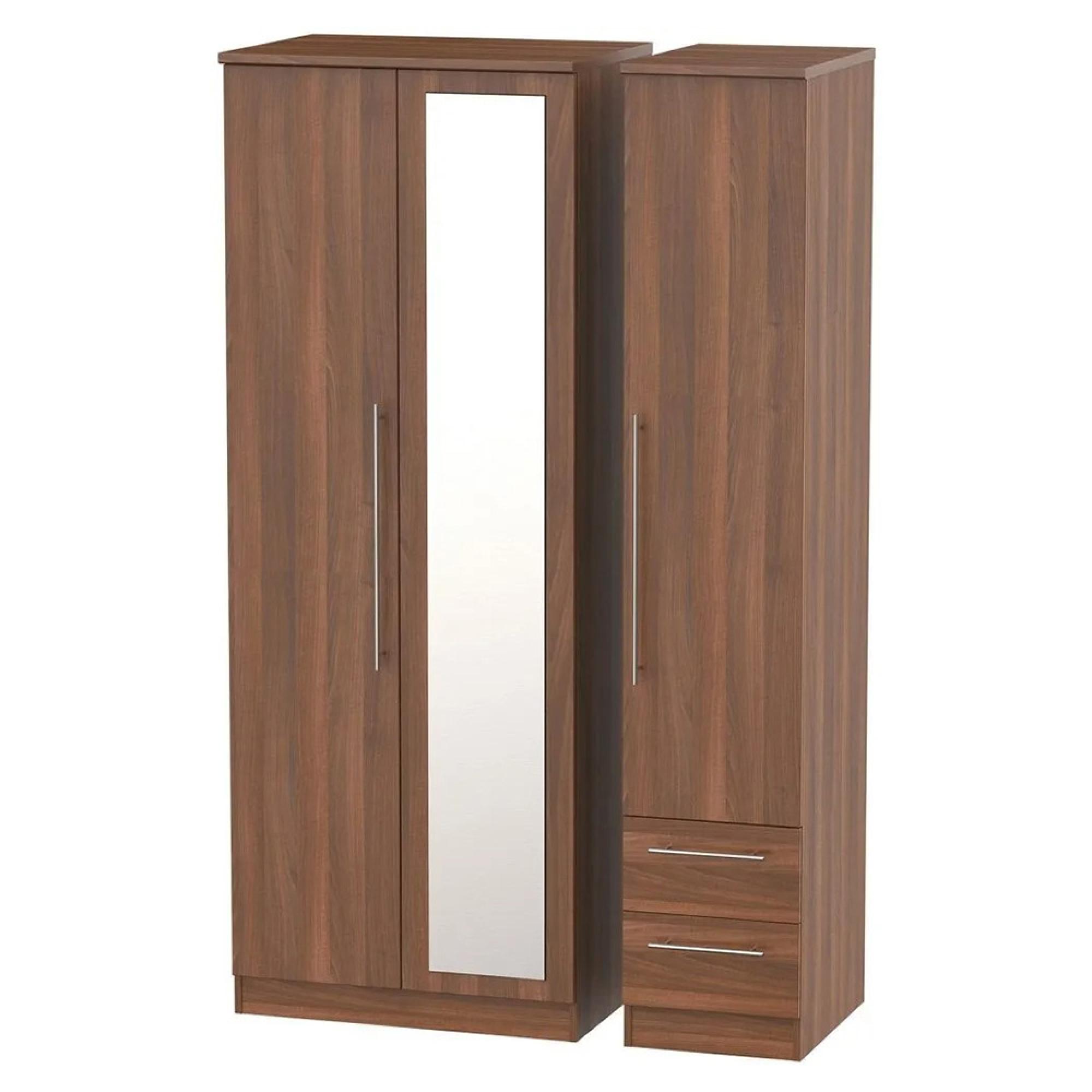 Sherwood Wardrobe - 3 Door - 1 Mirror - RHF 2 Drawer - Tall - Combi - Walnut