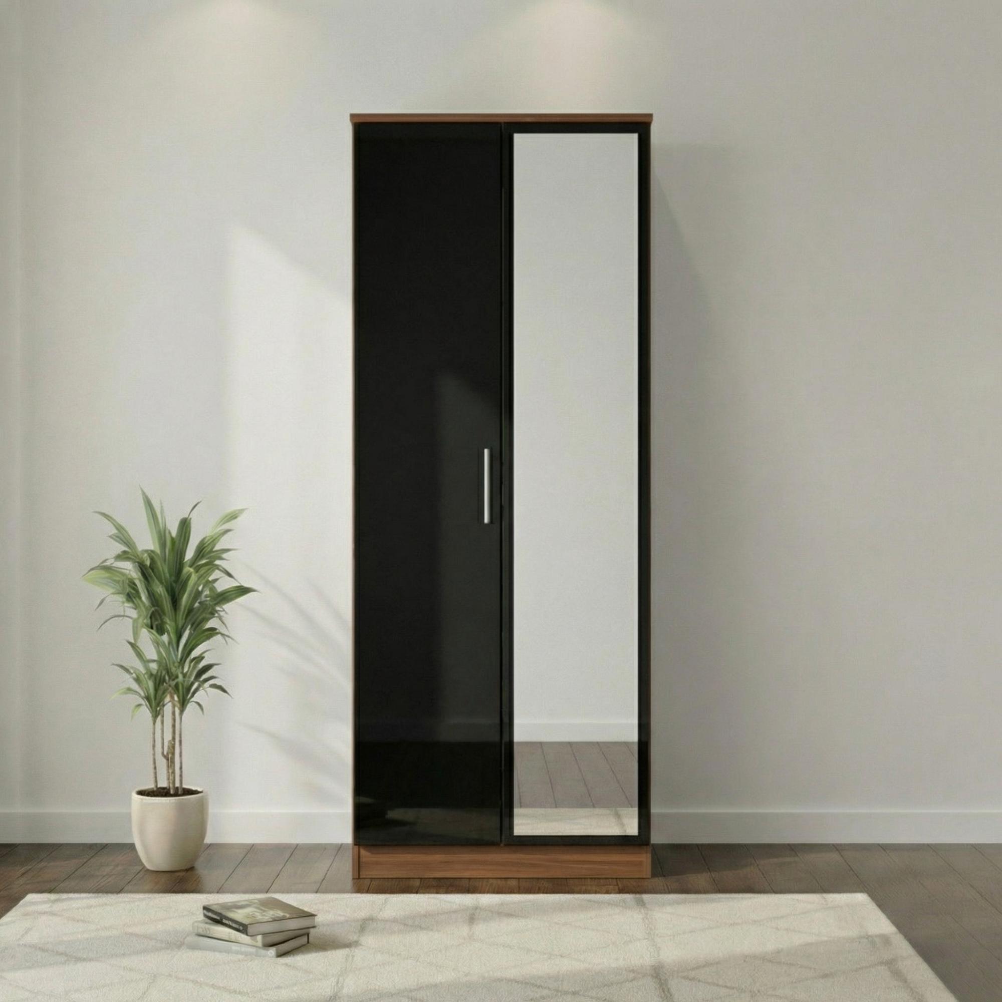 Knightsbridge Wardrobe - 2 Door - 1 Mirror - Tall - Black Gloss and Walnut