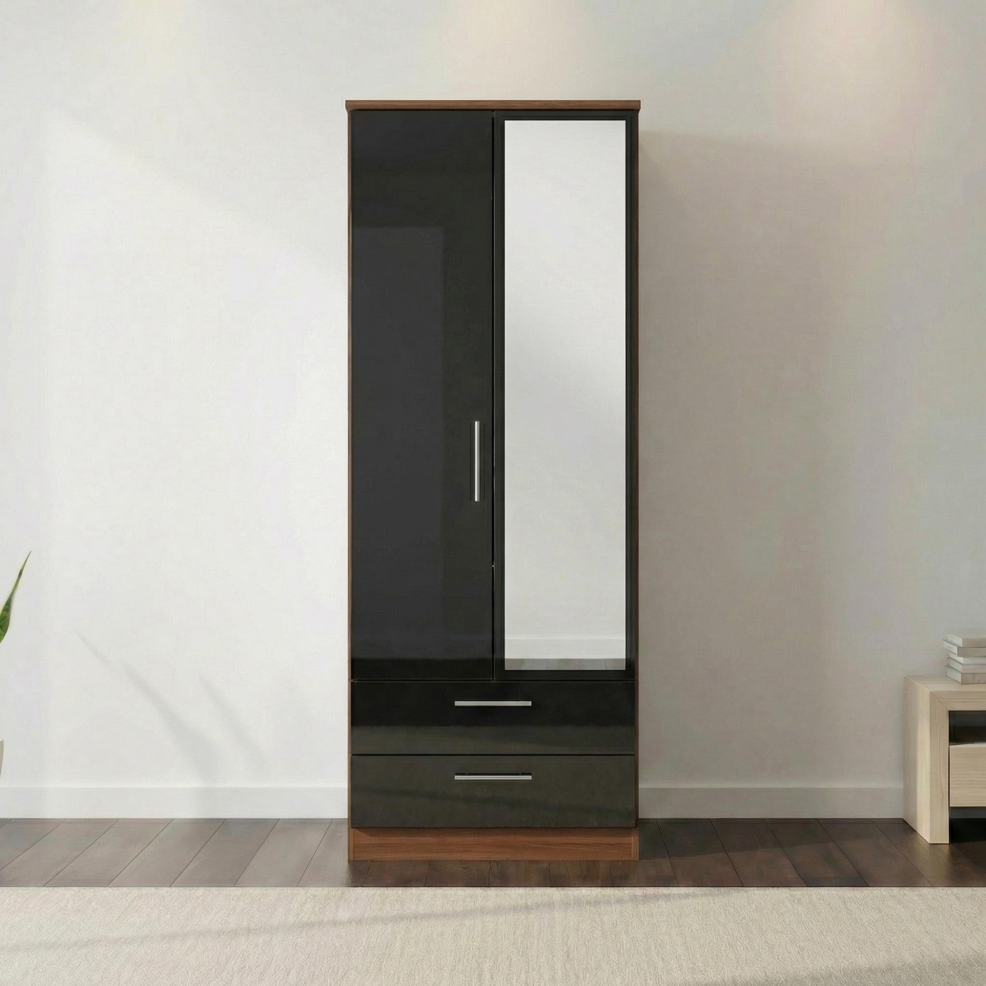 Knightsbridge Wardrobe - 2 Door - 1 Mirror - Tall Combi - Black Gloss and Walnut