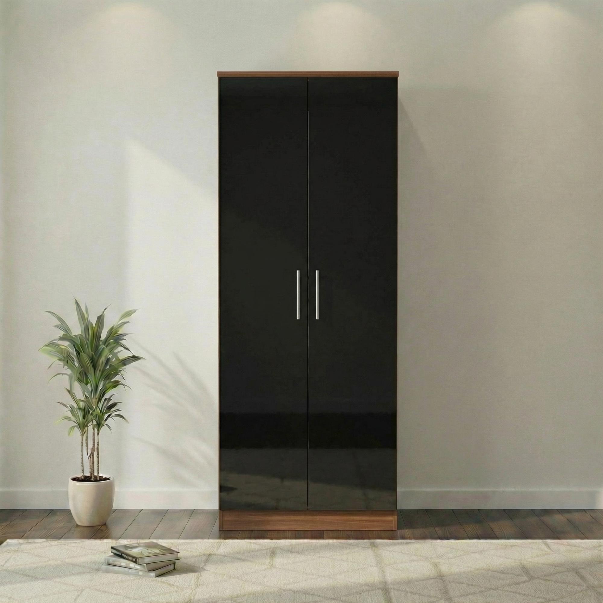 Knightsbridge Wardrobe - 2 Door - Plain Tall - Black Gloss and Walnut