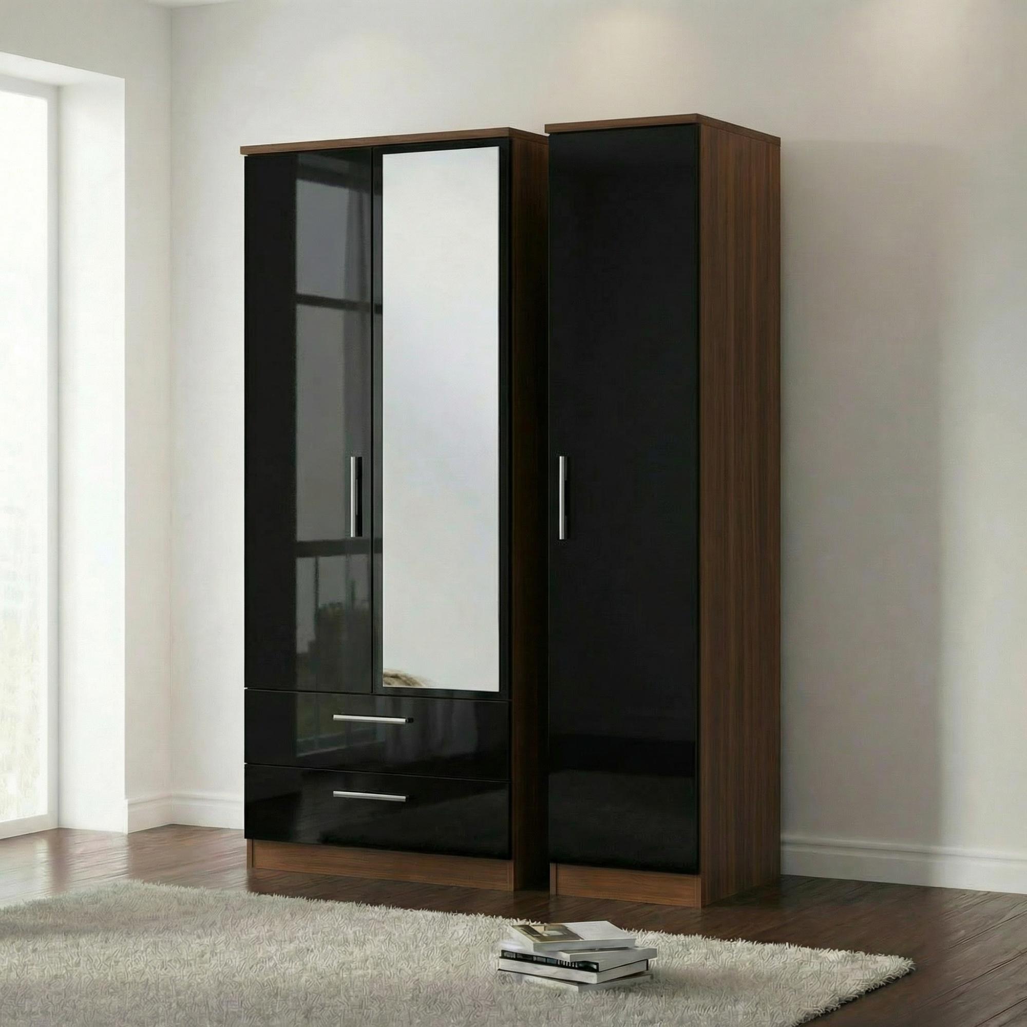 Knightsbridge Wardrobe - 3 Door - 1 Mirror - LHF 2 Drawers - Combi - Black Gloss and Walnut