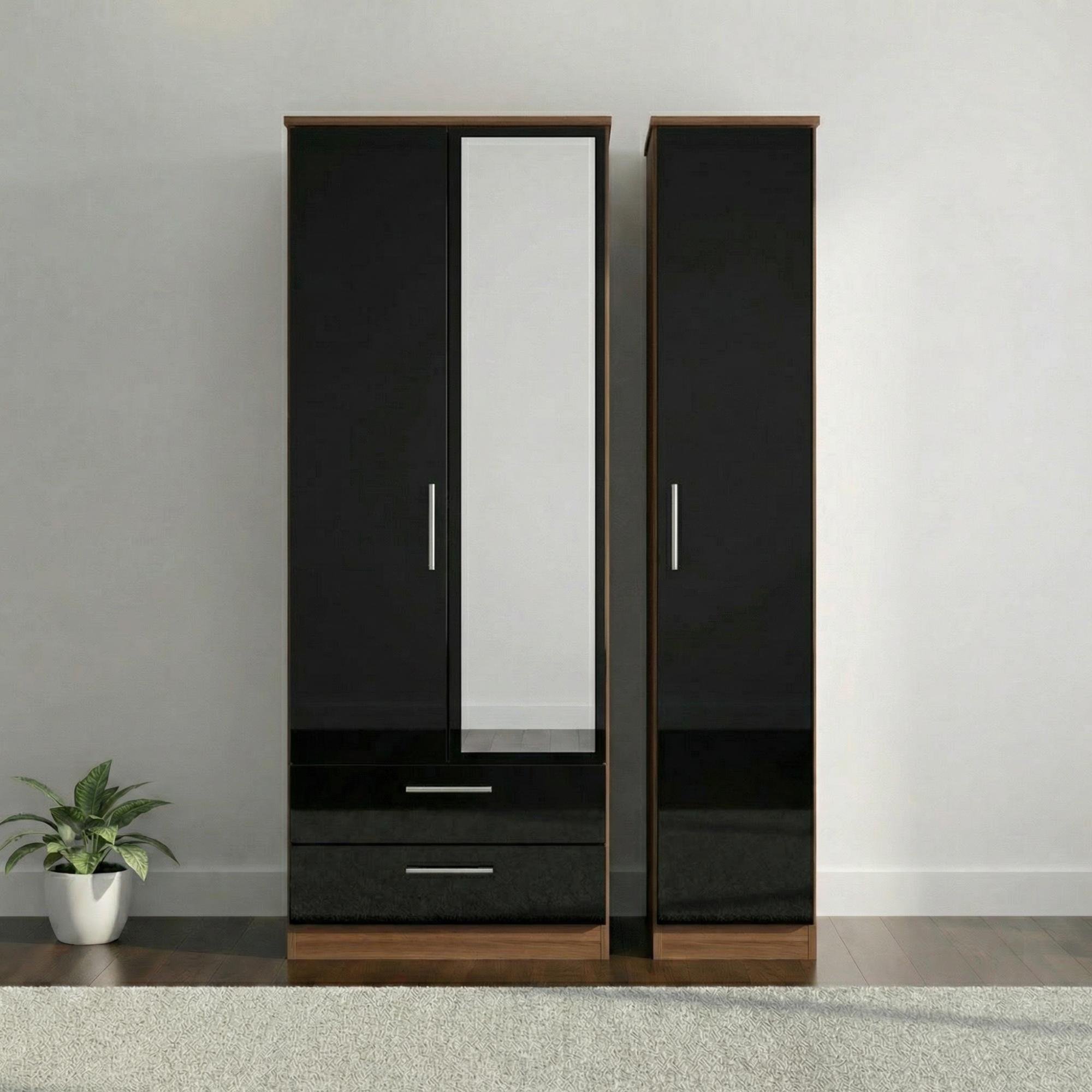 Knightsbridge Wardrobe - 3 Door - 1 Mirror - LHF 2 Drawers - Tall Combi - Black Gloss and Walnut