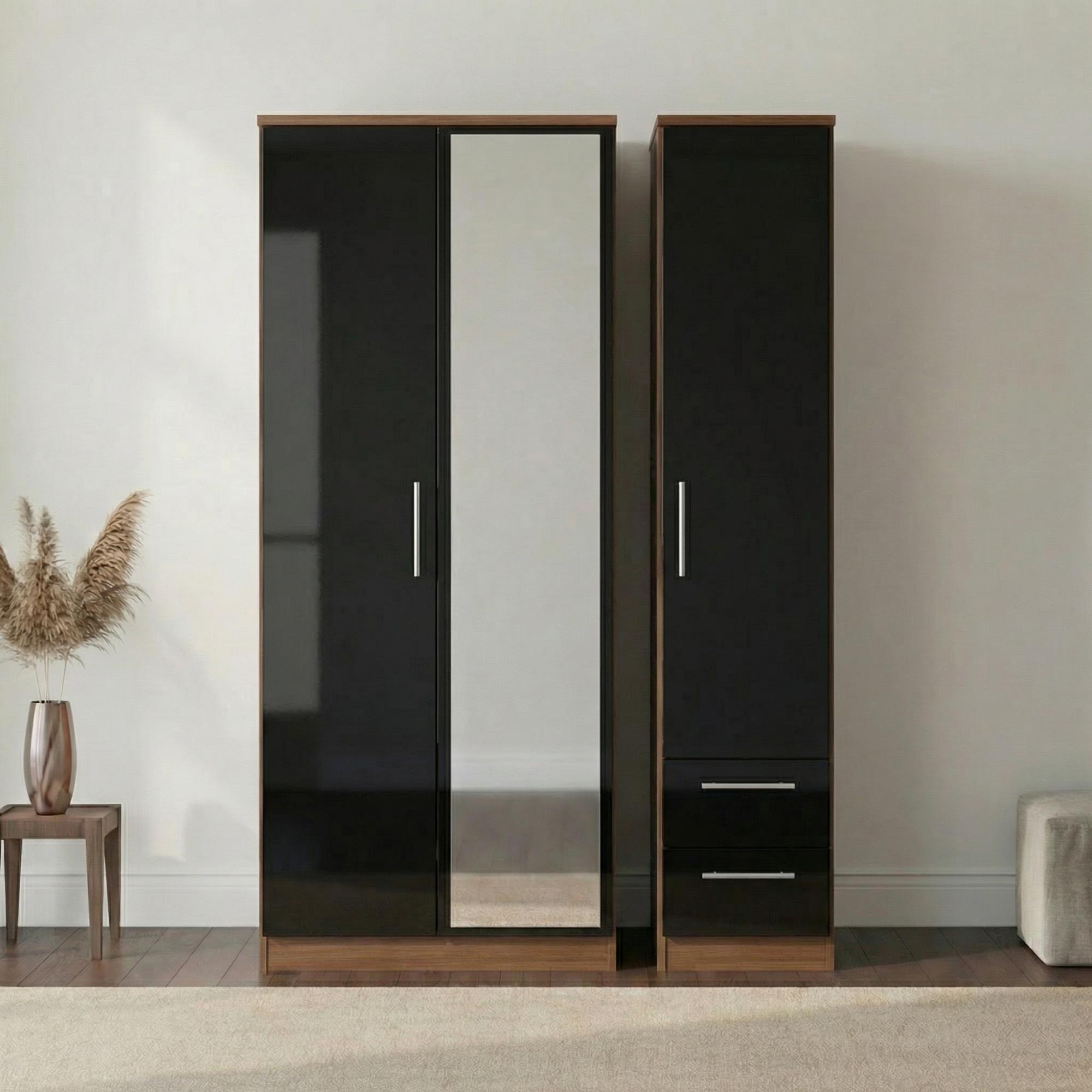 Knightsbridge Wardrobe - 3 Door - 1 Mirror - RHF 2 Drawers - Combi - Black Gloss and Walnut