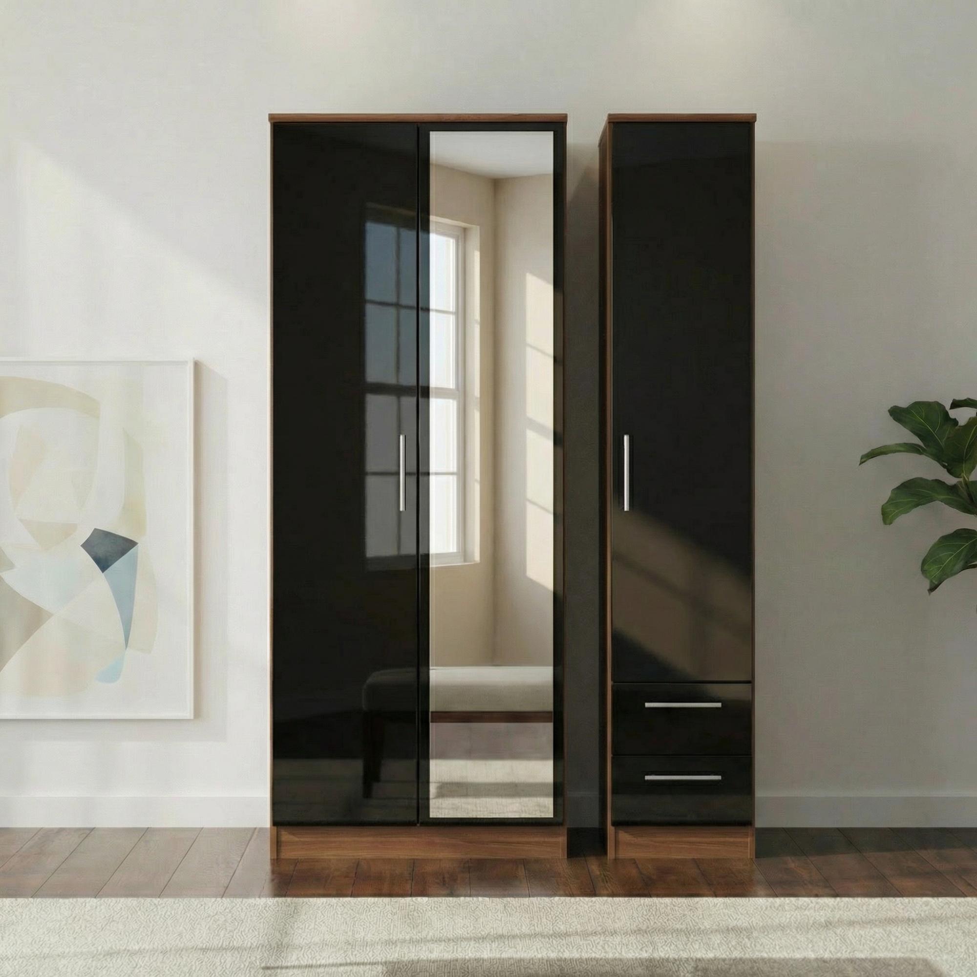 Knightsbridge Wardrobe - 3 Door - 1 Mirror - RHF 2 Drawers - Tall - Combi - Black Gloss and Walnut