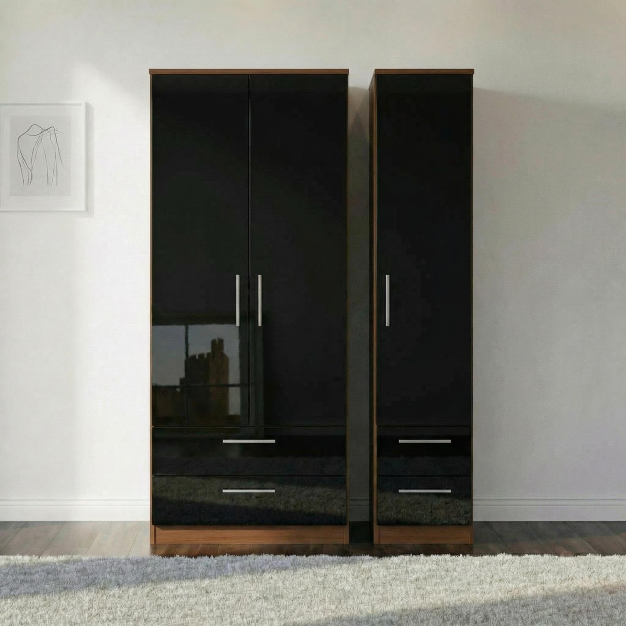 Knightsbridge Wardrobe - 3 Door - 4 Drawers - Black Gloss and Walnut