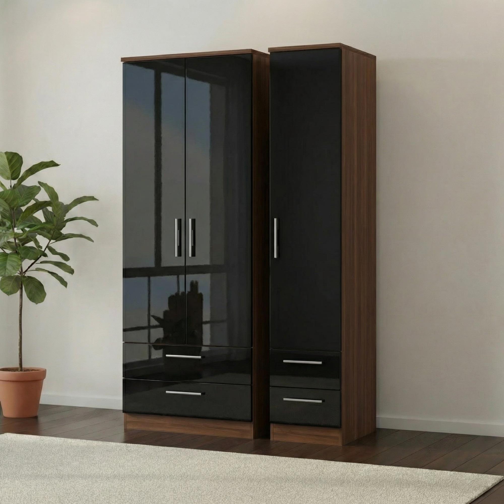 Knightsbridge Wardrobe - 3 Door - 4 Drawers - Tall Triple - Black Gloss and Walnut