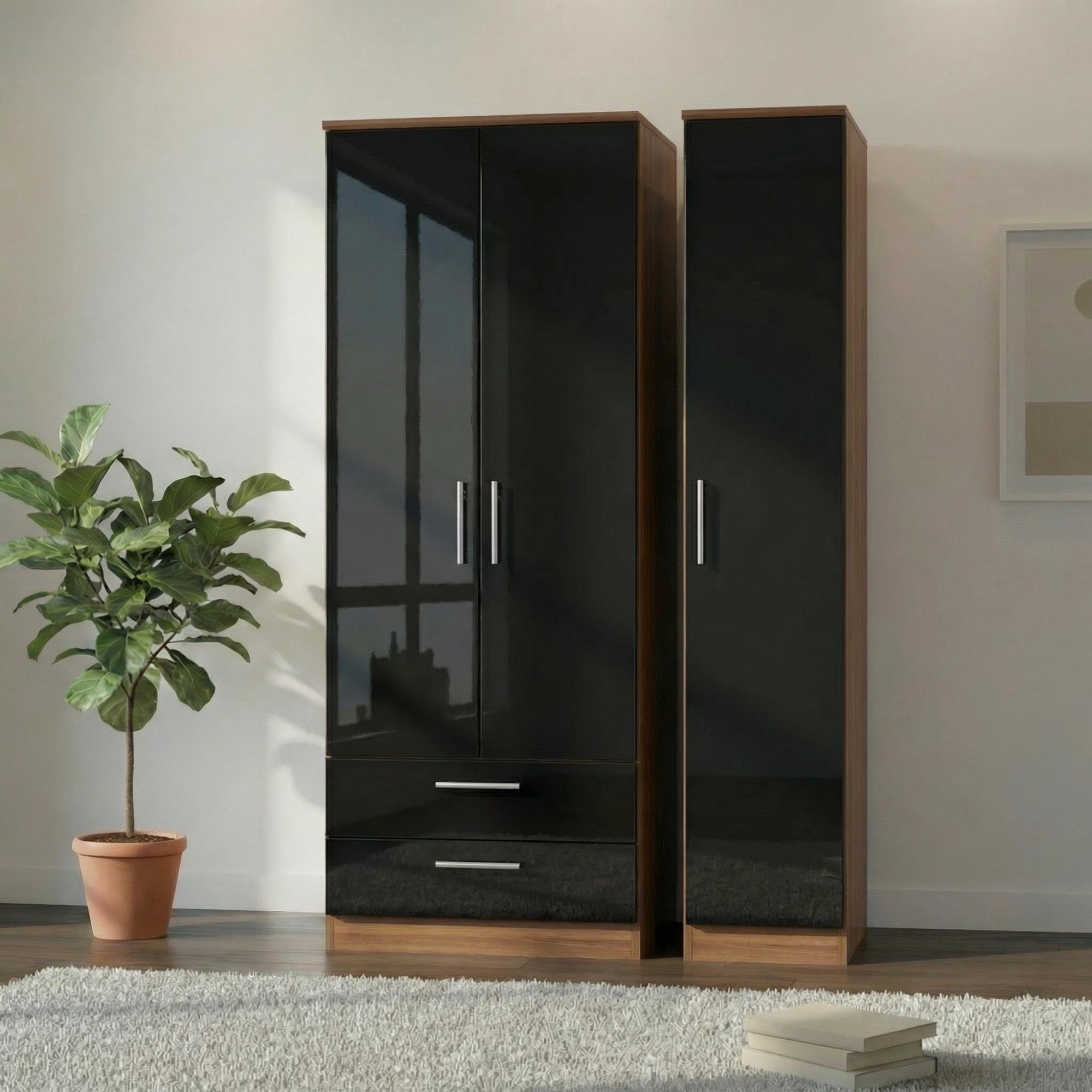 Knightsbridge Wardrobe - 3 Door - LHF 2 Drawers - Tall Triple - Black Gloss and Walnut