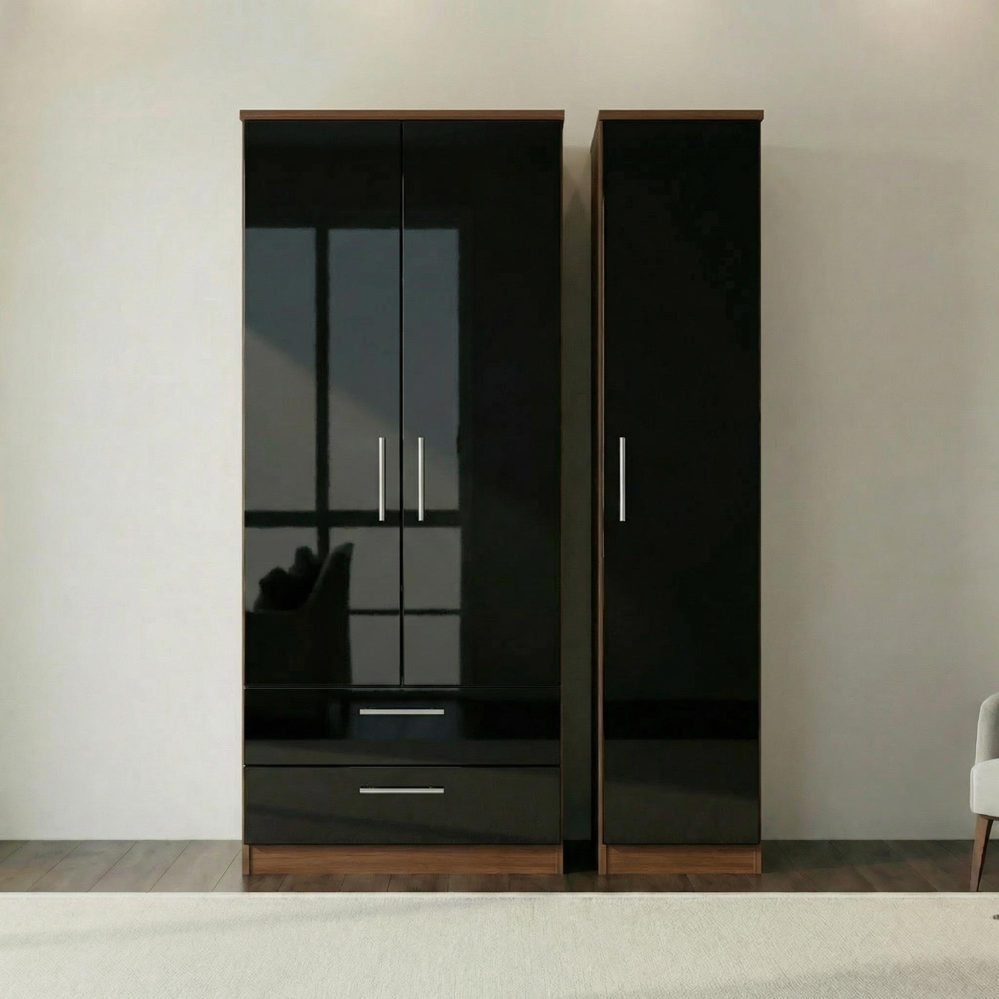 Knightsbridge Wardrobe - 3 Door - LHF 2 Drawers - Triple - Black Gloss and Walnut