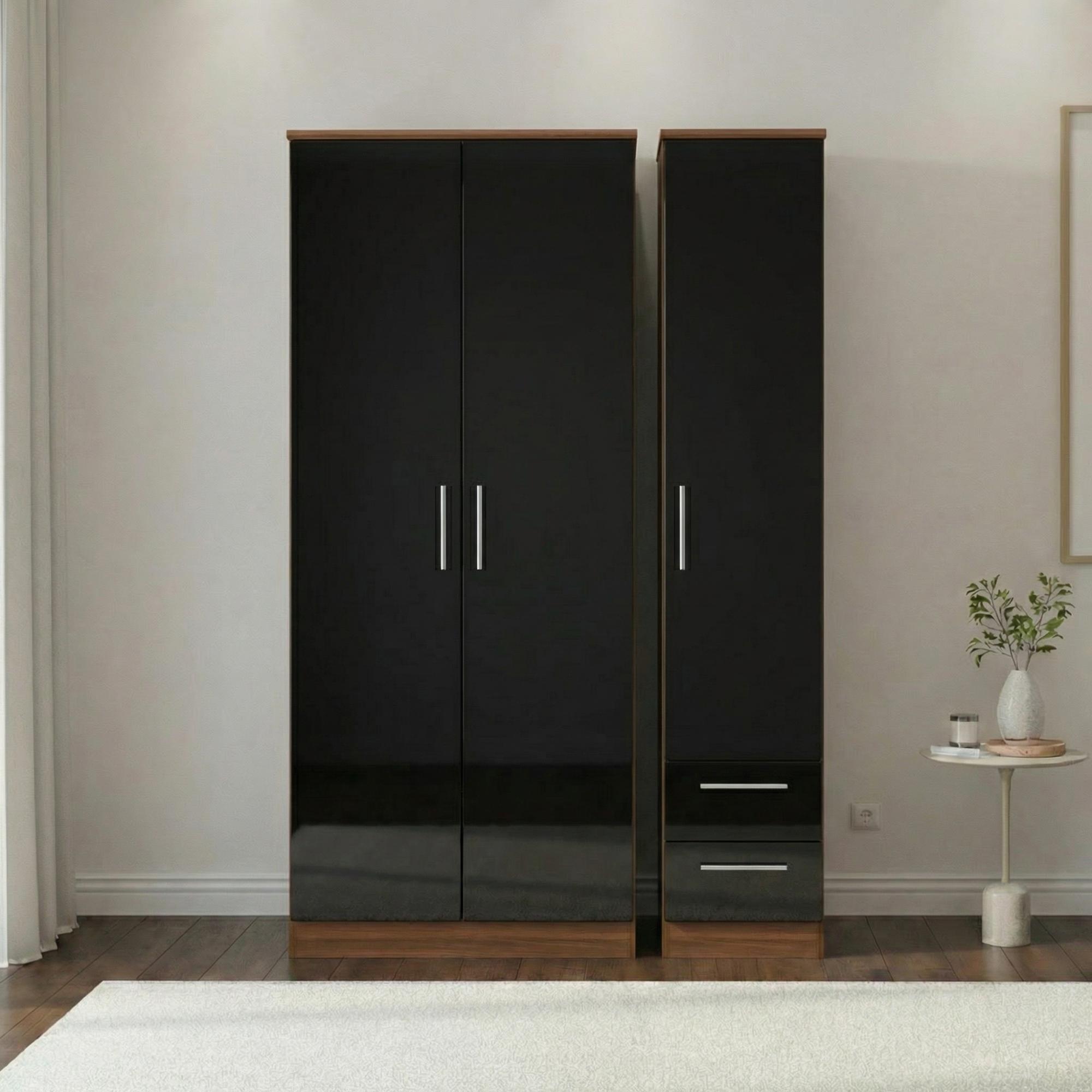 Knightsbridge Wardrobe - 3 Door - RHF 2 Drawers - Tall Triple - Black Gloss and Walnut