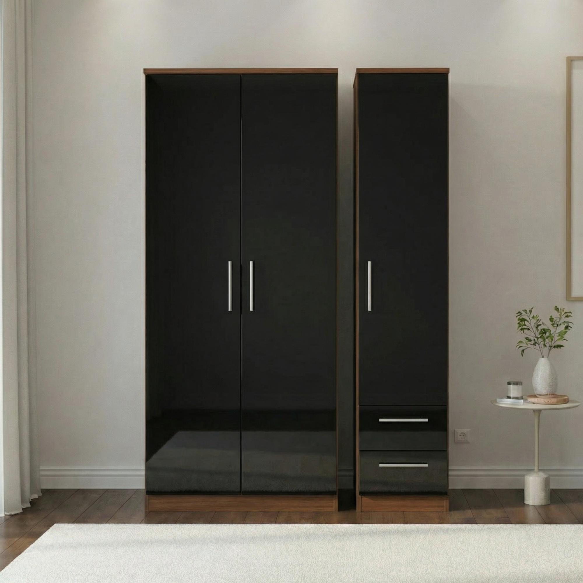 Knightsbridge Wardrobe - 3 Door - RHF 2 Drawers - Triple - Black Gloss and Walnut