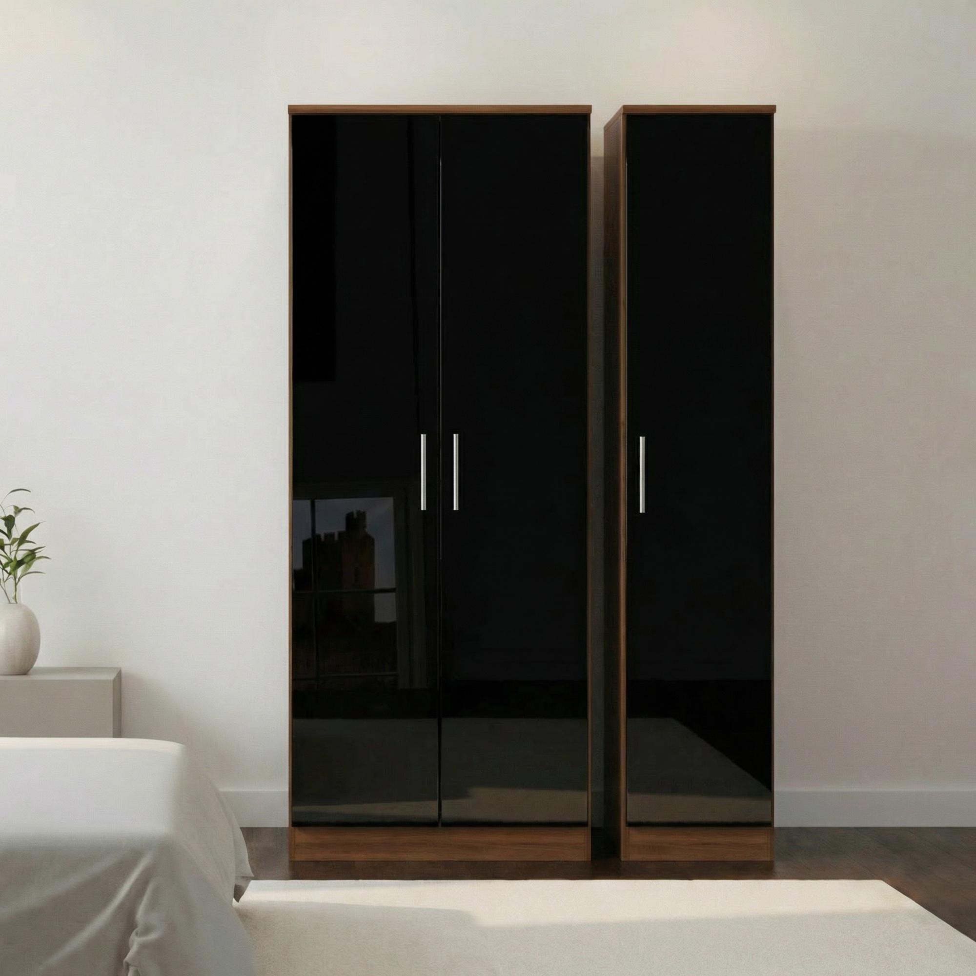 Knightsbridge Wardrobe - 3 Door - Tall Triple - Black Gloss and Walnut