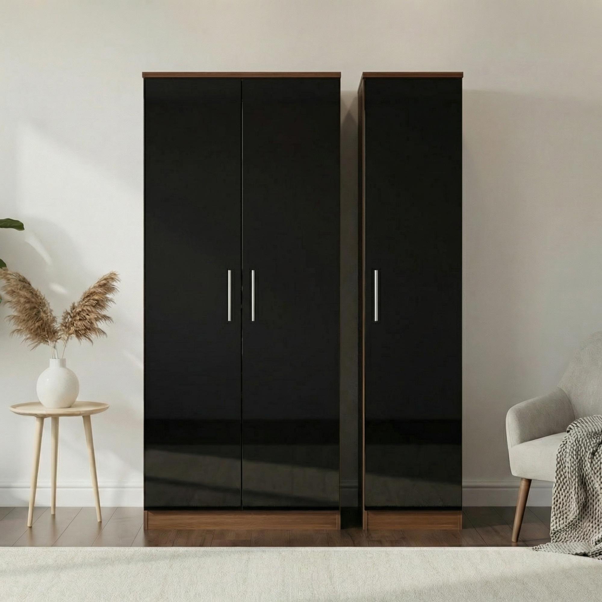 Knightsbridge Wardrobe - 3 Door - Triple - Black Gloss and Walnut