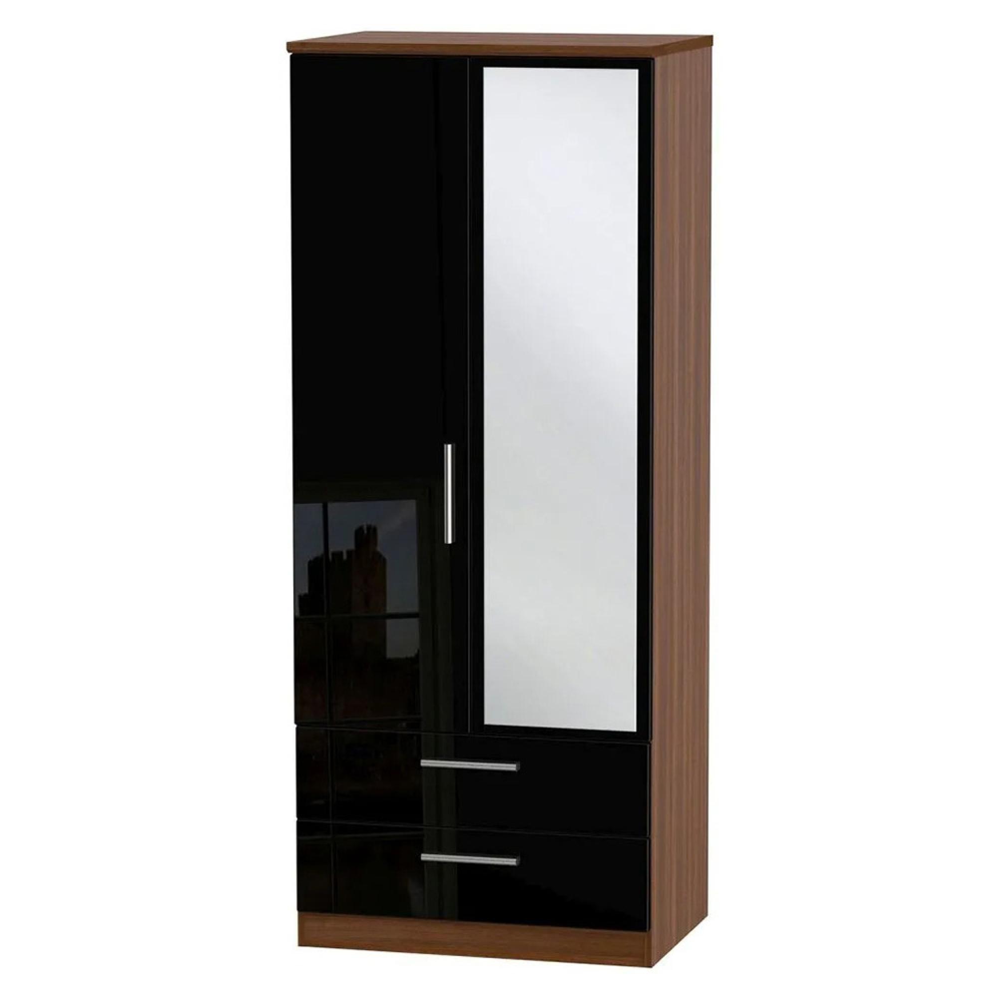 Knightsbridge Wardrobe - 2 Door - 1 Mirror - Combi - Black Gloss and Walnut