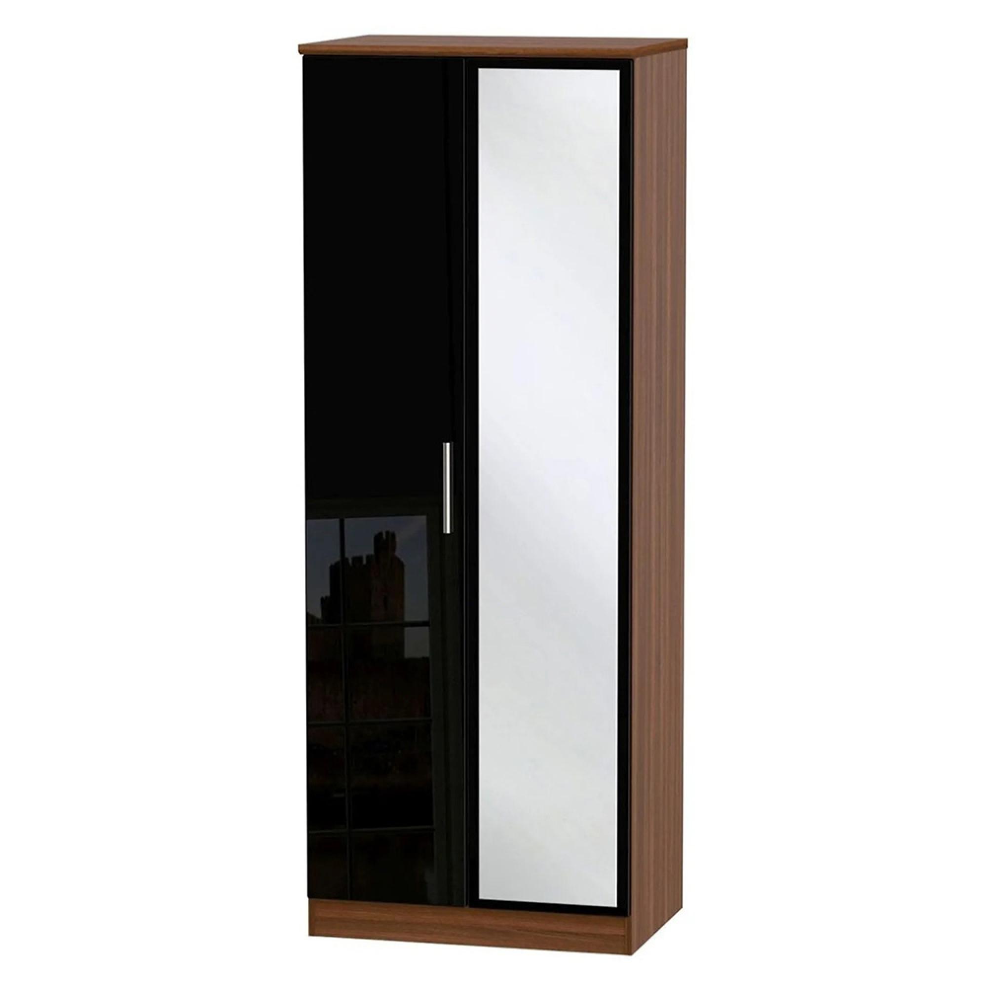Knightsbridge Wardrobe - 2 Door - 1 Mirror - Tall - Black Gloss and Walnut
