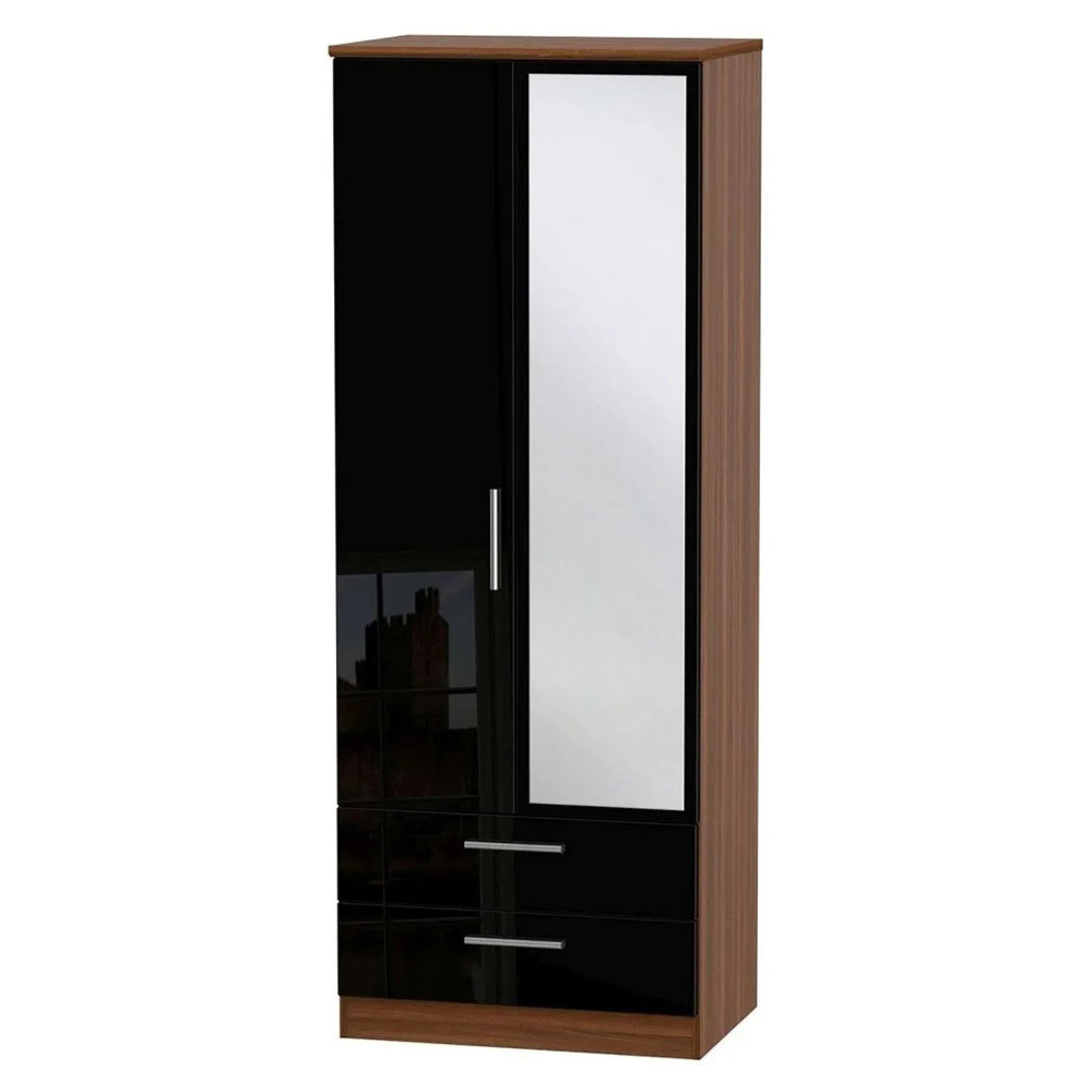 Knightsbridge Wardrobe - 2 Door - 1 Mirror - Tall Combi - Black Gloss and Walnut