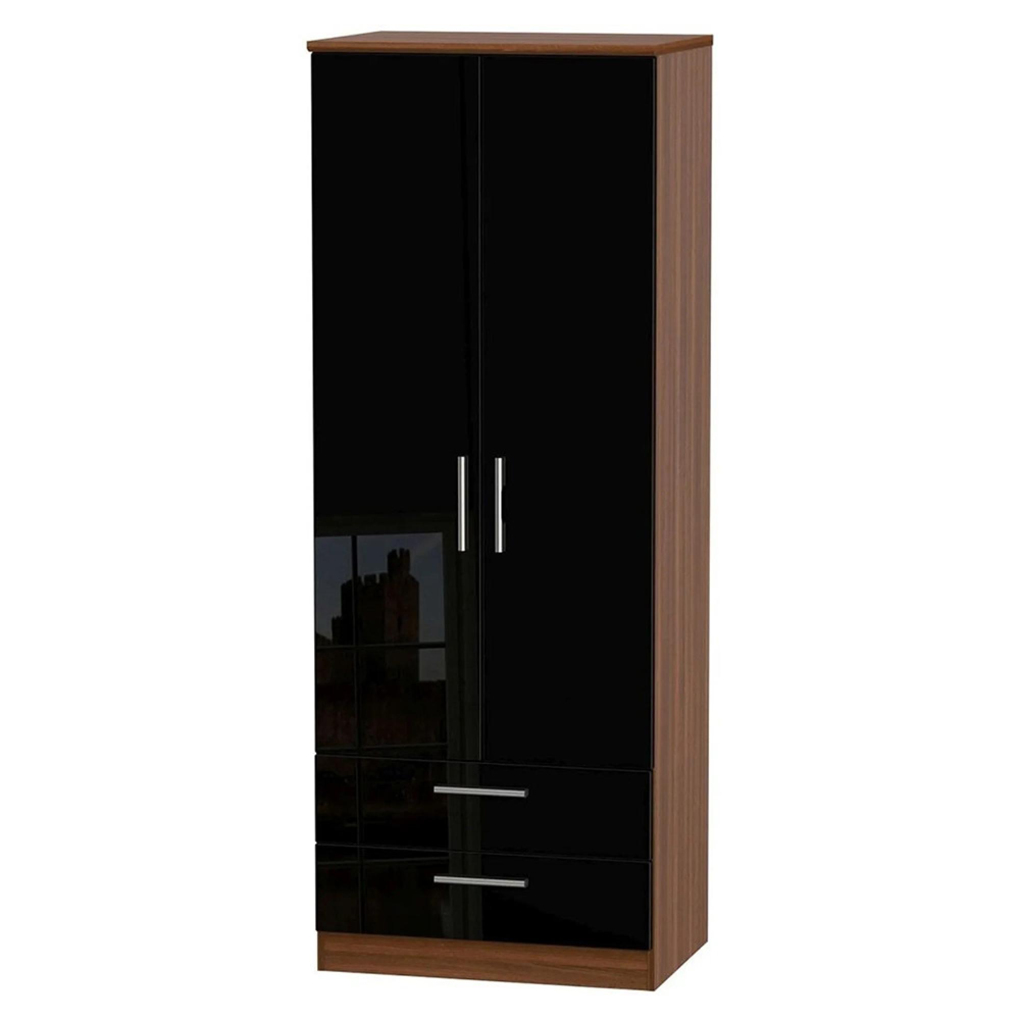 Knightsbridge Wardrobe - 2 Door - 2 Drawer - Tall - Black Gloss and Walnut