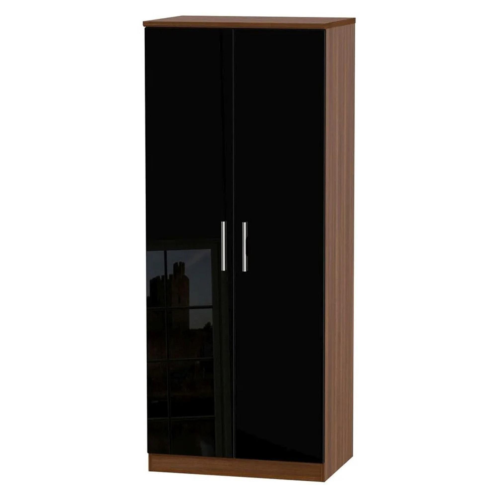 Knightsbridge Wardrobe - 2 Door - Plain - Black Gloss and Walnut