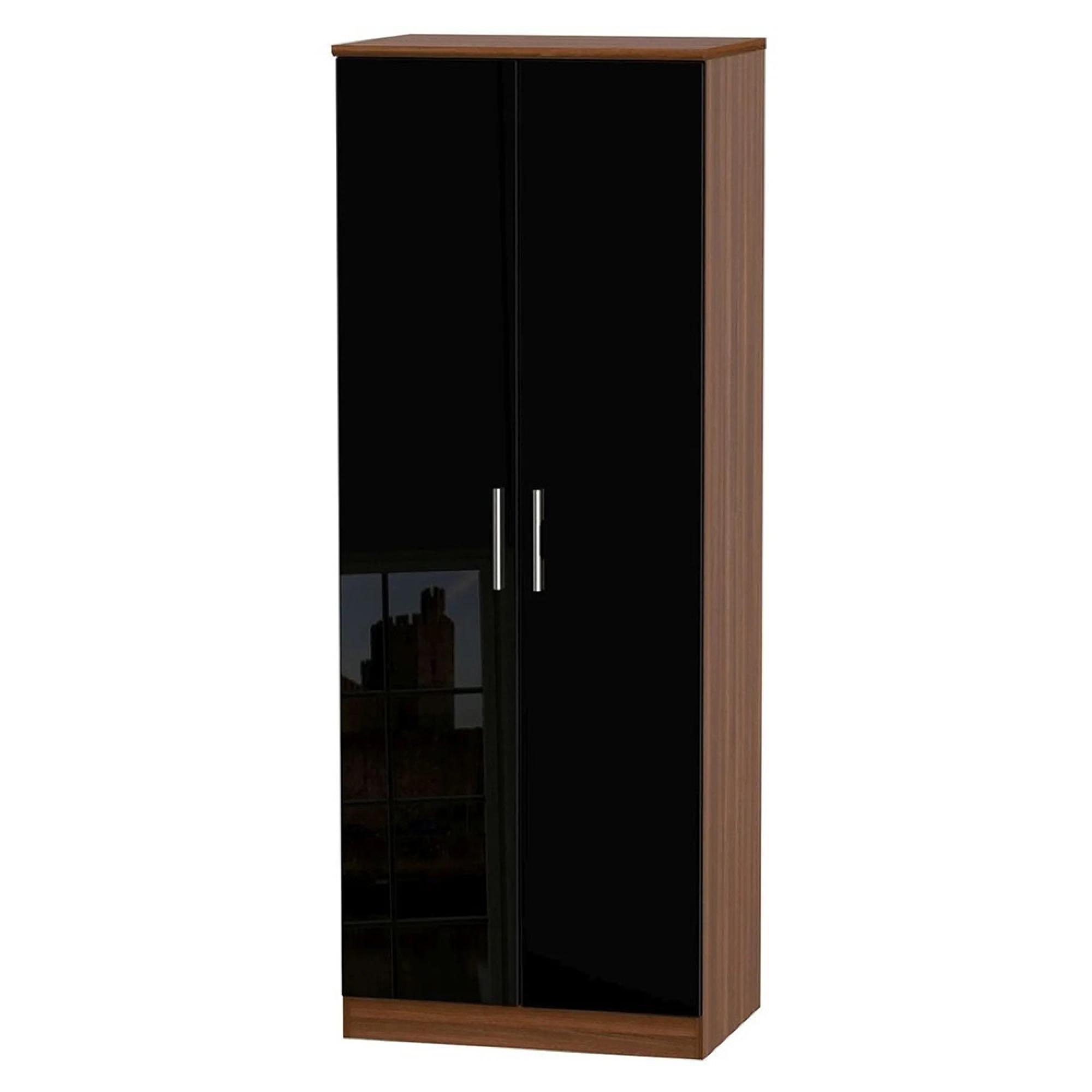 Knightsbridge Wardrobe - 2 Door - Plain Tall - Black Gloss and Walnut
