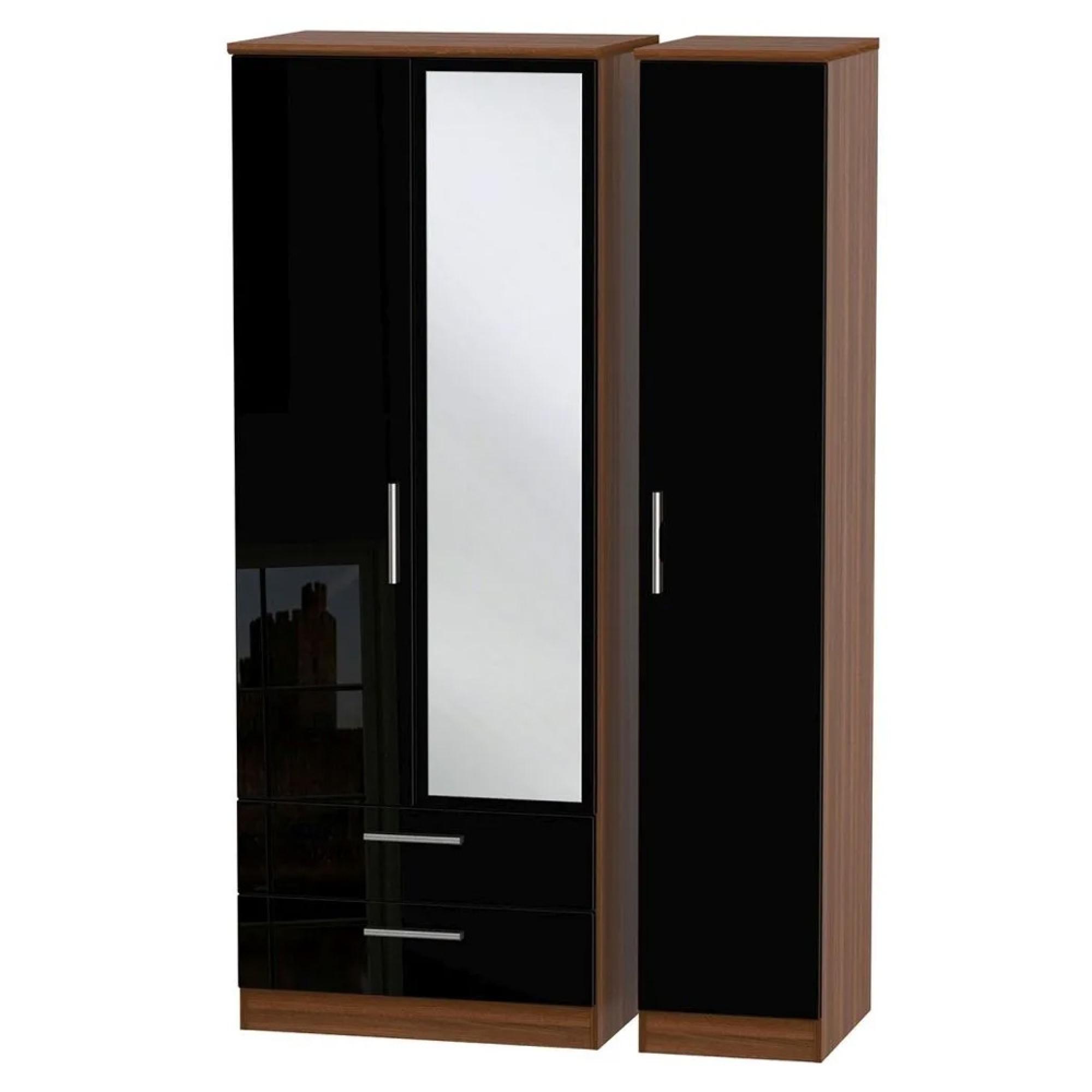 Knightsbridge Wardrobe - 3 Door - 1 Mirror - LHF 2 Drawers - Tall Combi - Black Gloss and Walnut