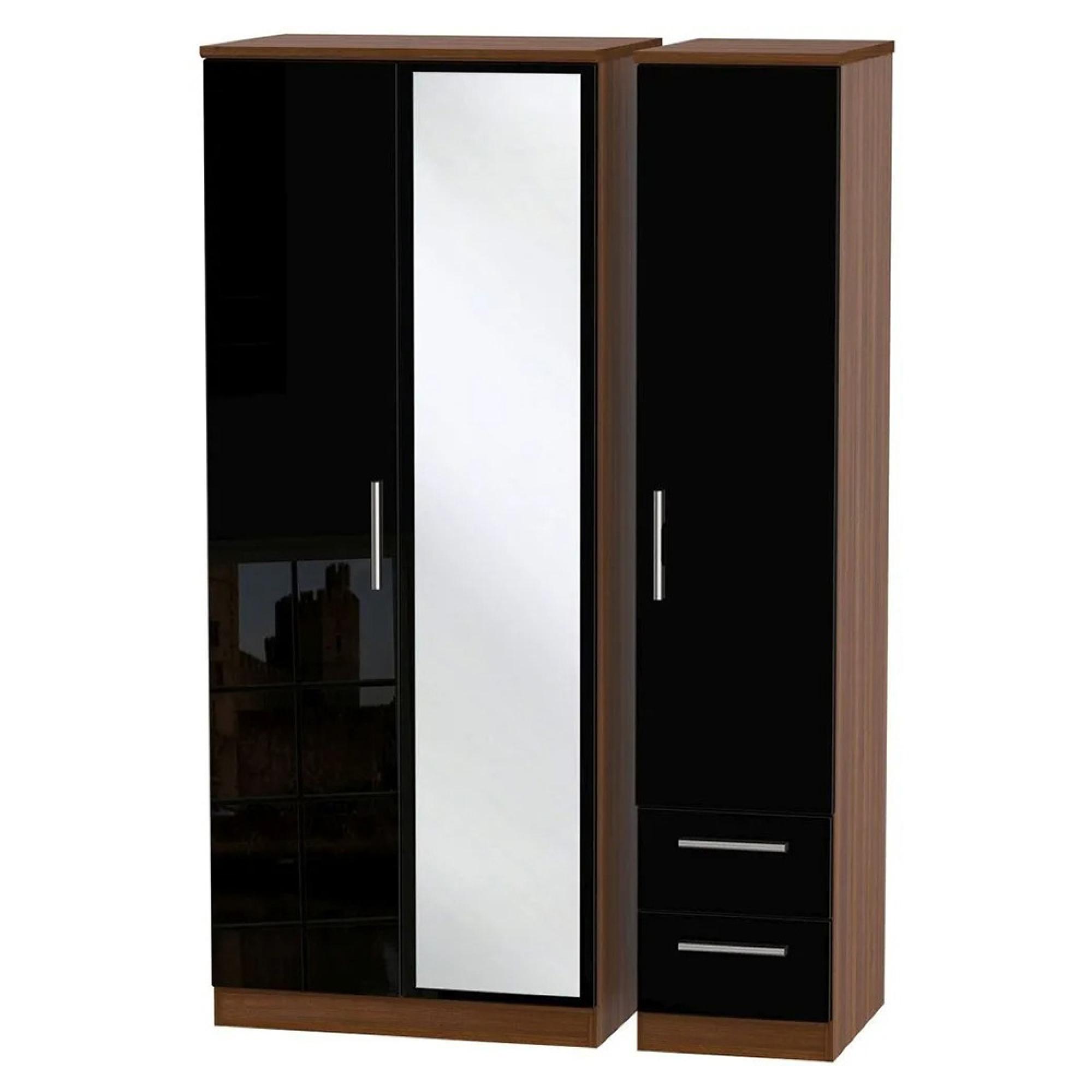 Knightsbridge Wardrobe - 3 Door - 1 Mirror - RHF 2 Drawers - Combi - Black Gloss and Walnut