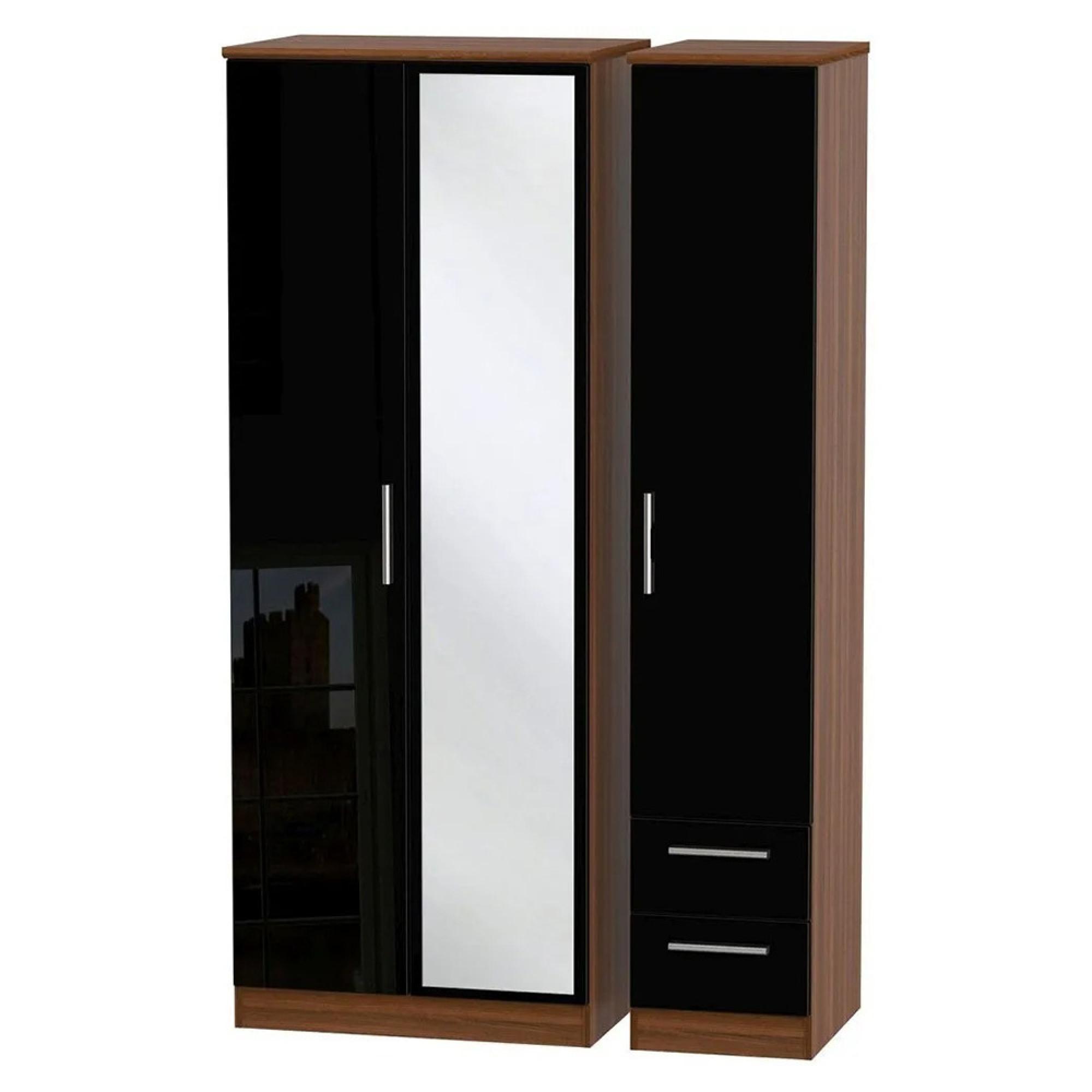 Knightsbridge Wardrobe - 3 Door - 1 Mirror - RHF 2 Drawers - Tall - Combi - Black Gloss and Walnut