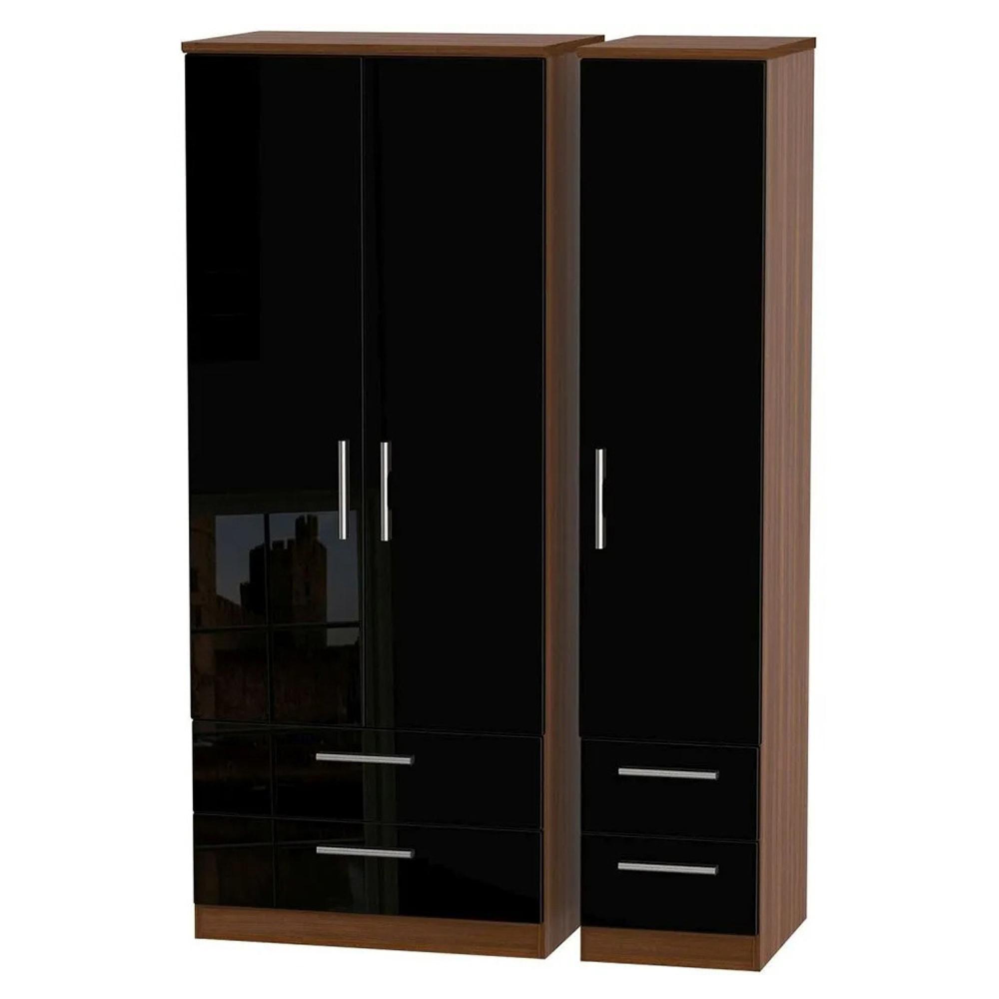 Knightsbridge Wardrobe - 3 Door - 4 Drawers - Black Gloss and Walnut