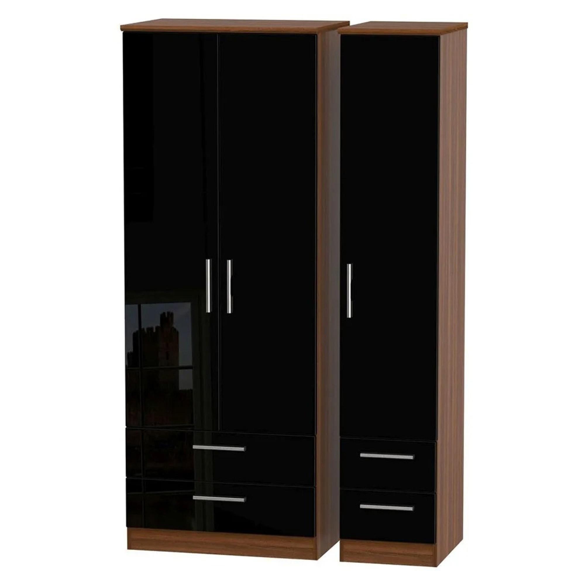Knightsbridge Wardrobe - 3 Door - 4 Drawers - Tall Triple - Black Gloss and Walnut