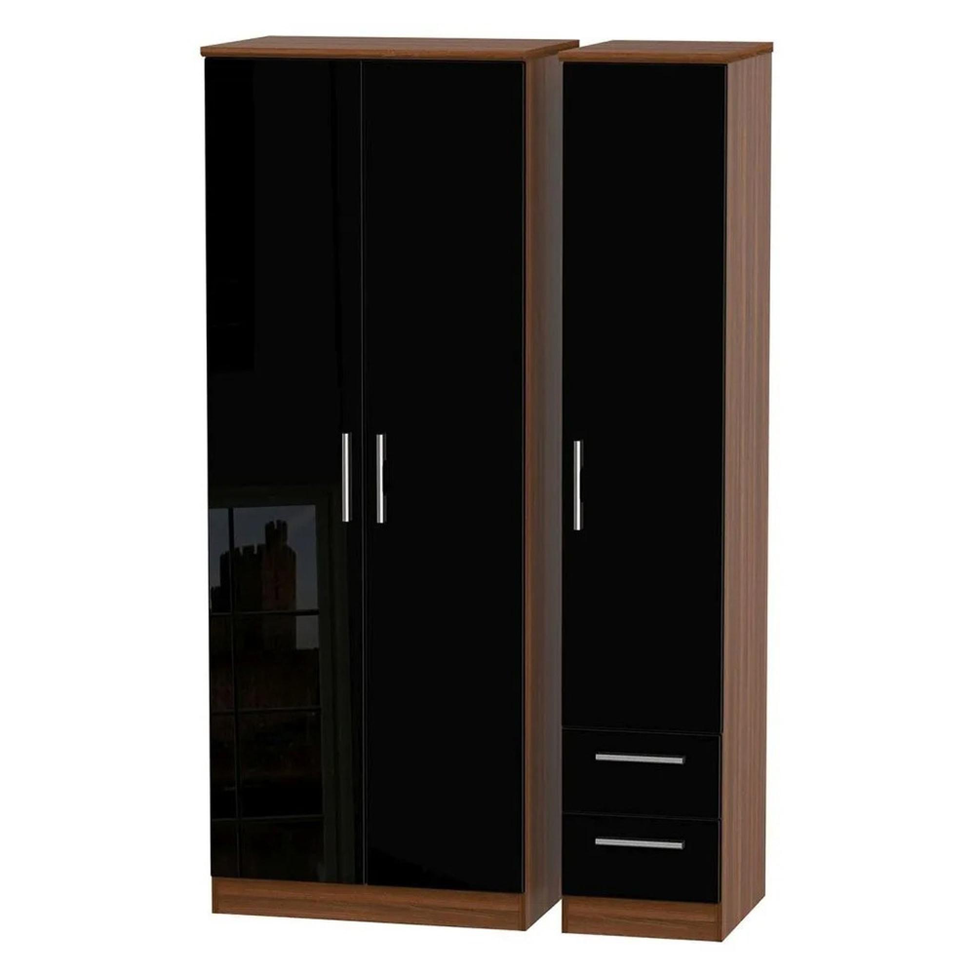Knightsbridge Wardrobe - 3 Door - RHF 2 Drawers - Tall Triple - Black Gloss and Walnut