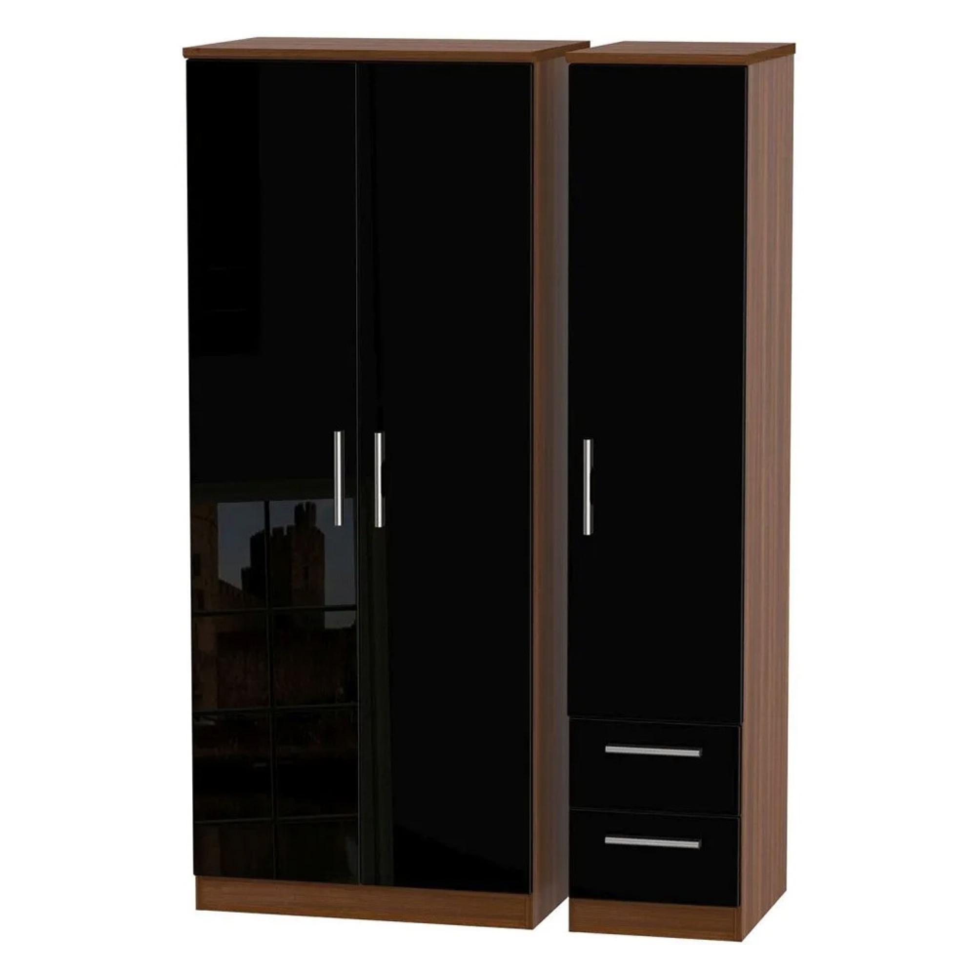 Knightsbridge Wardrobe - 3 Door - RHF 2 Drawers - Triple - Black Gloss and Walnut