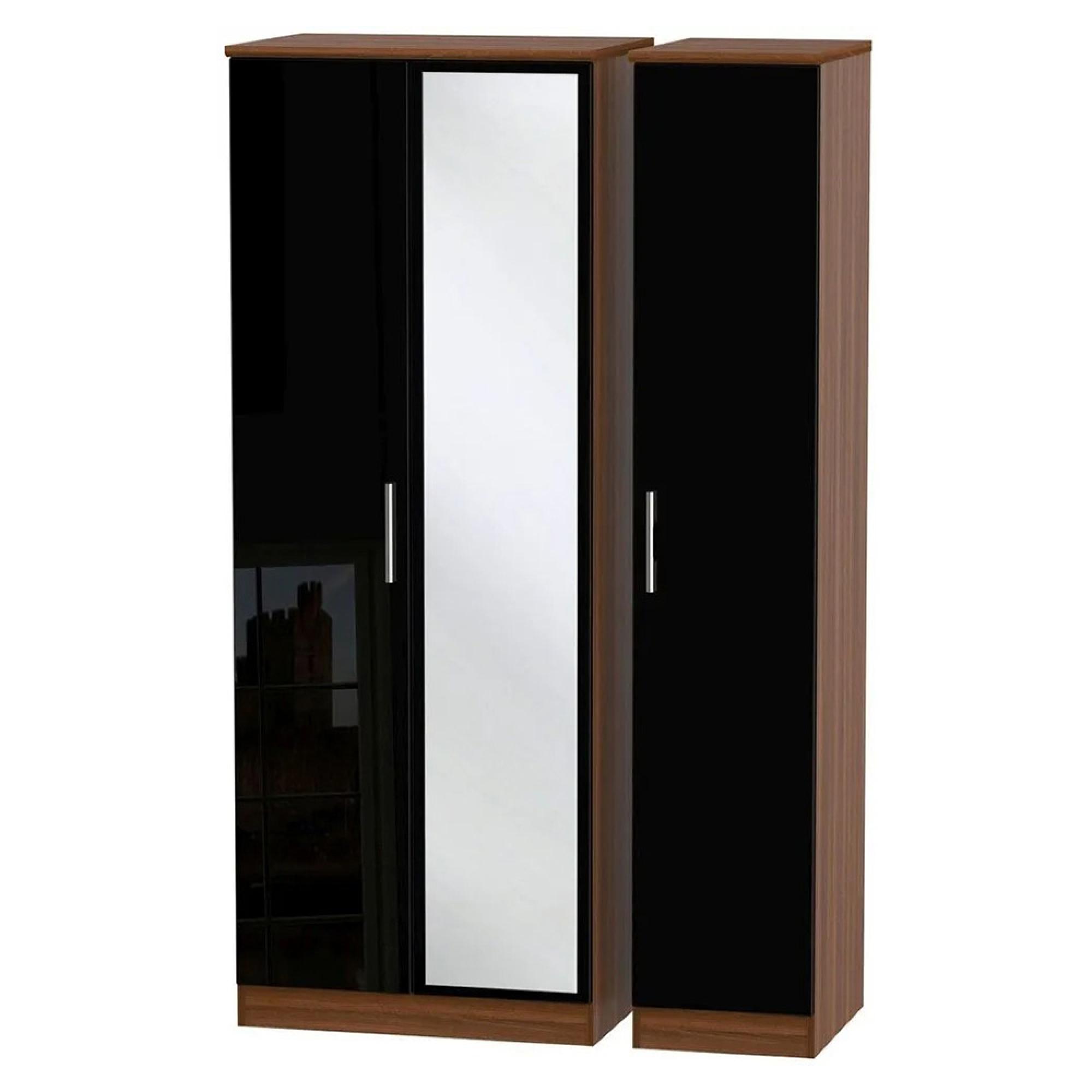 Knightsbridge Wardrobe - 3 Door - Tall Triple - 1 Mirror - Black Gloss and Walnut