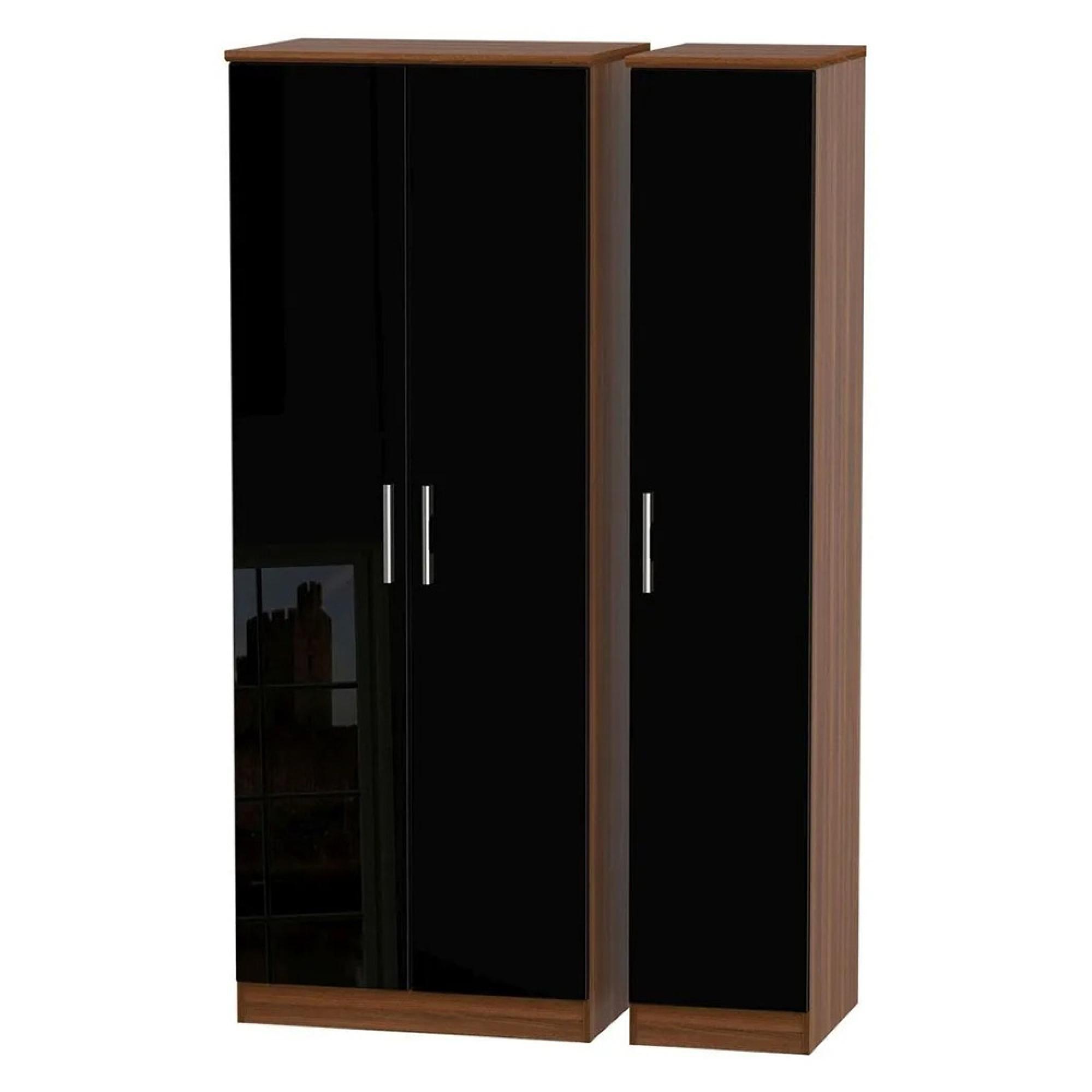 Knightsbridge Wardrobe - 3 Door - Tall Triple - Black Gloss and Walnut