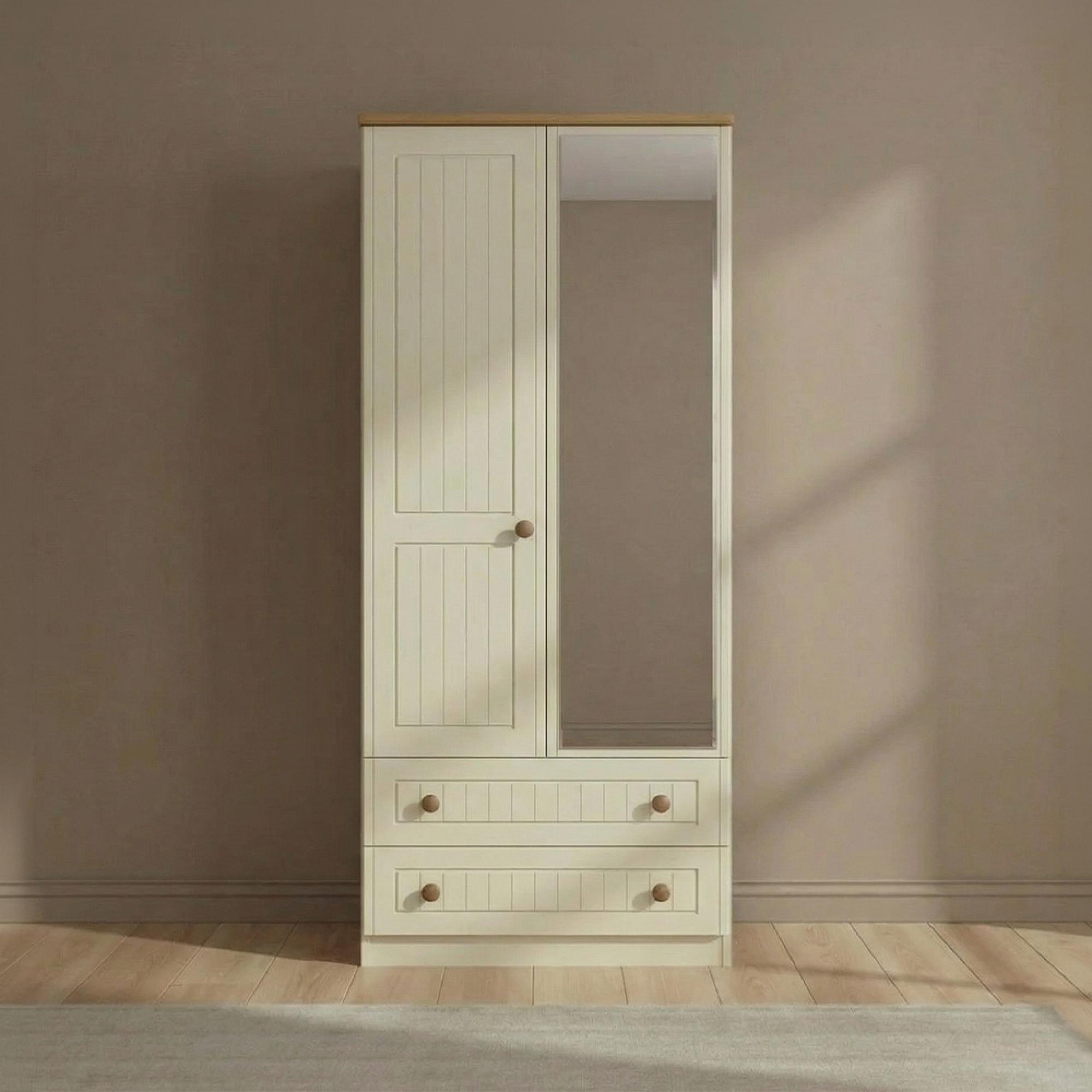 Warwick Wardrobe - 2 Door - 1 Mirror - Combi - Cream and Oak