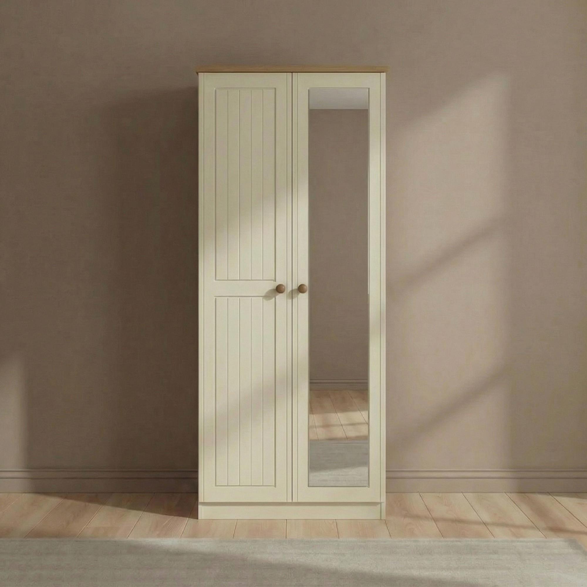 Warwick Wardrobe - 2 Door - 1 Mirror - Cream and Oak