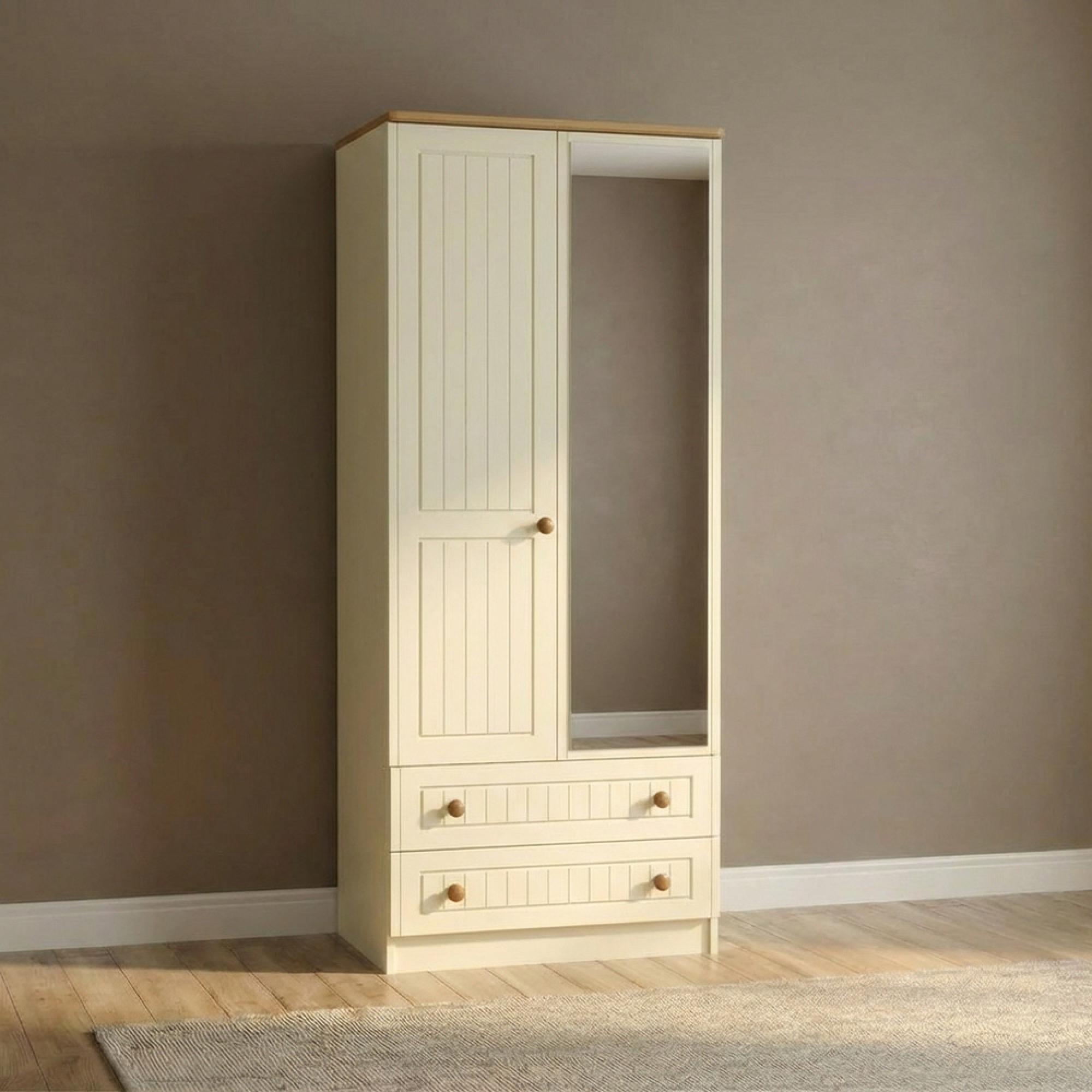 Warwick Wardrobe - 2 Door - 1 Mirror - Tall - Combi - Cream and Oak