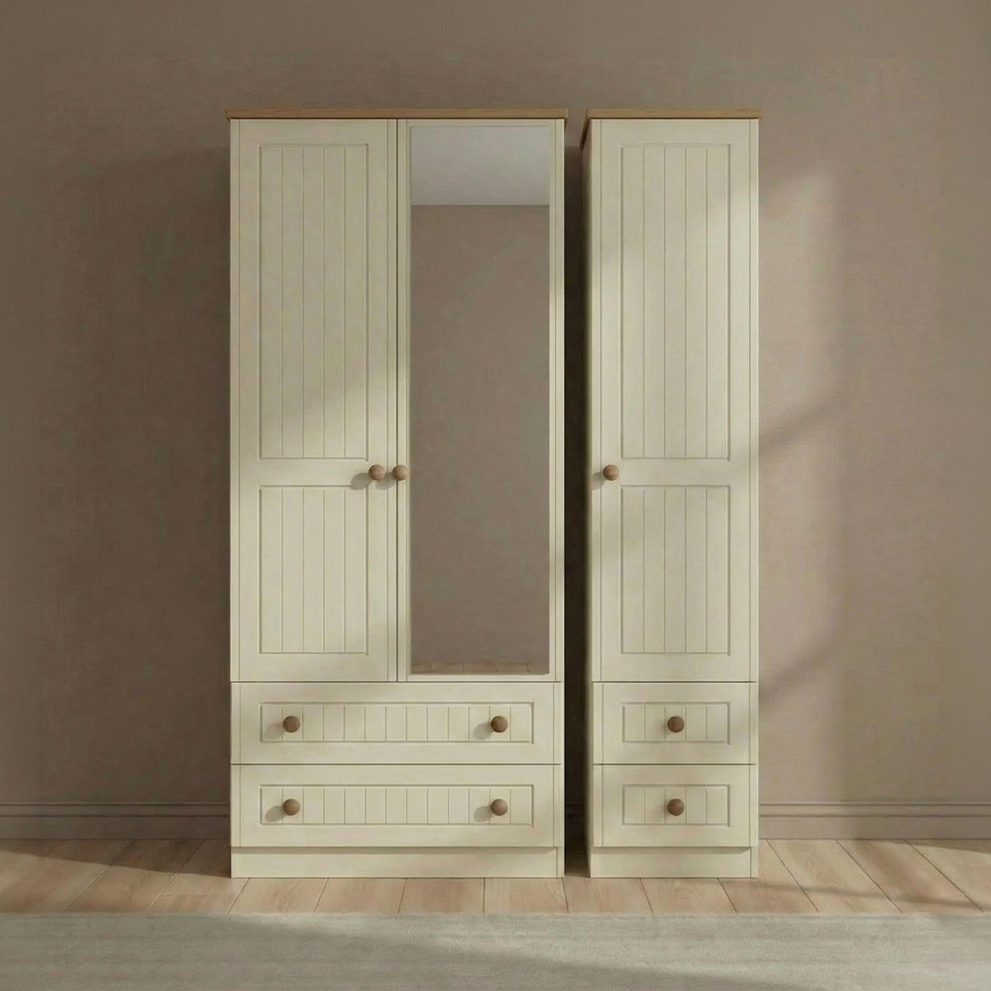 Warwick Wardrobe - 3 Door - Combi - 1 Mirror - Cream and Oak