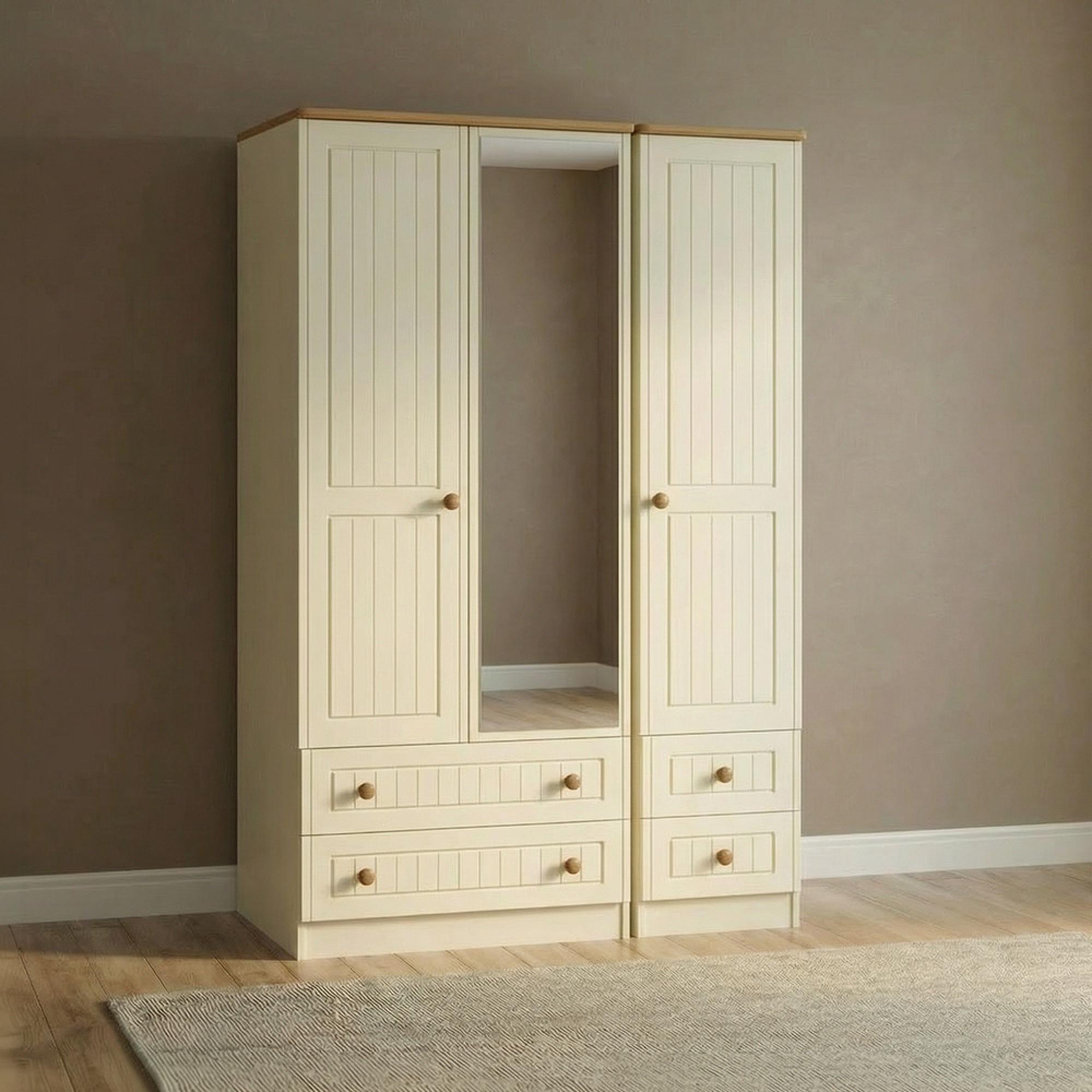 Warwick Wardrobe - 3 Door - Tall - Combi - 1 Mirror - Cream and Oak