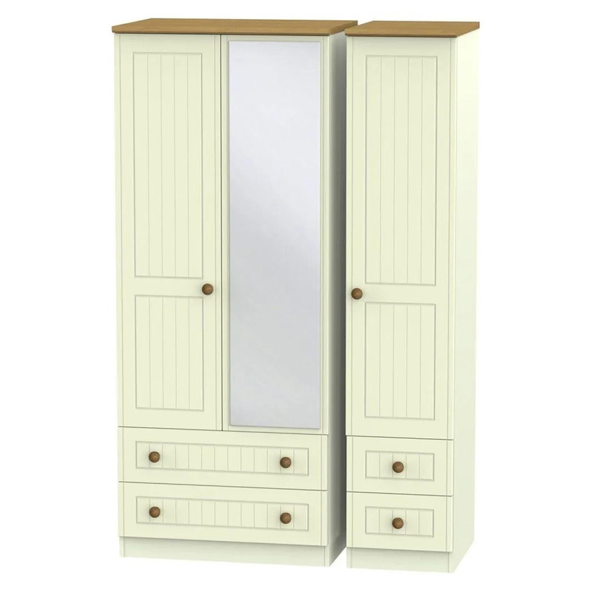 Warwick Wardrobe - 3 Door - Combi - 1 Mirror - Cream and Oak