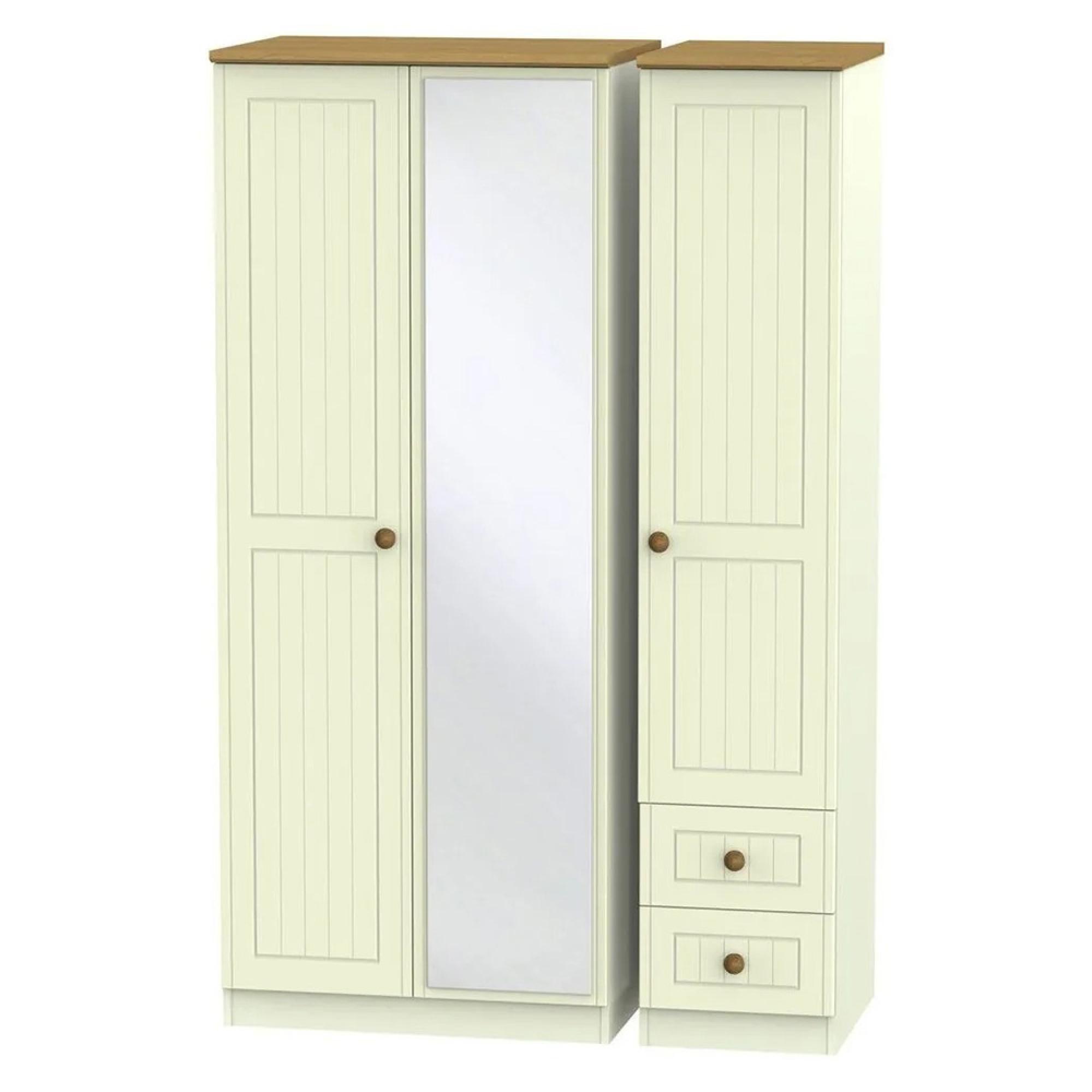 Warwick Wardrobe - 3 Door - Combi - 1 Mirror - RHF 2 Drawers - Cream and Oak