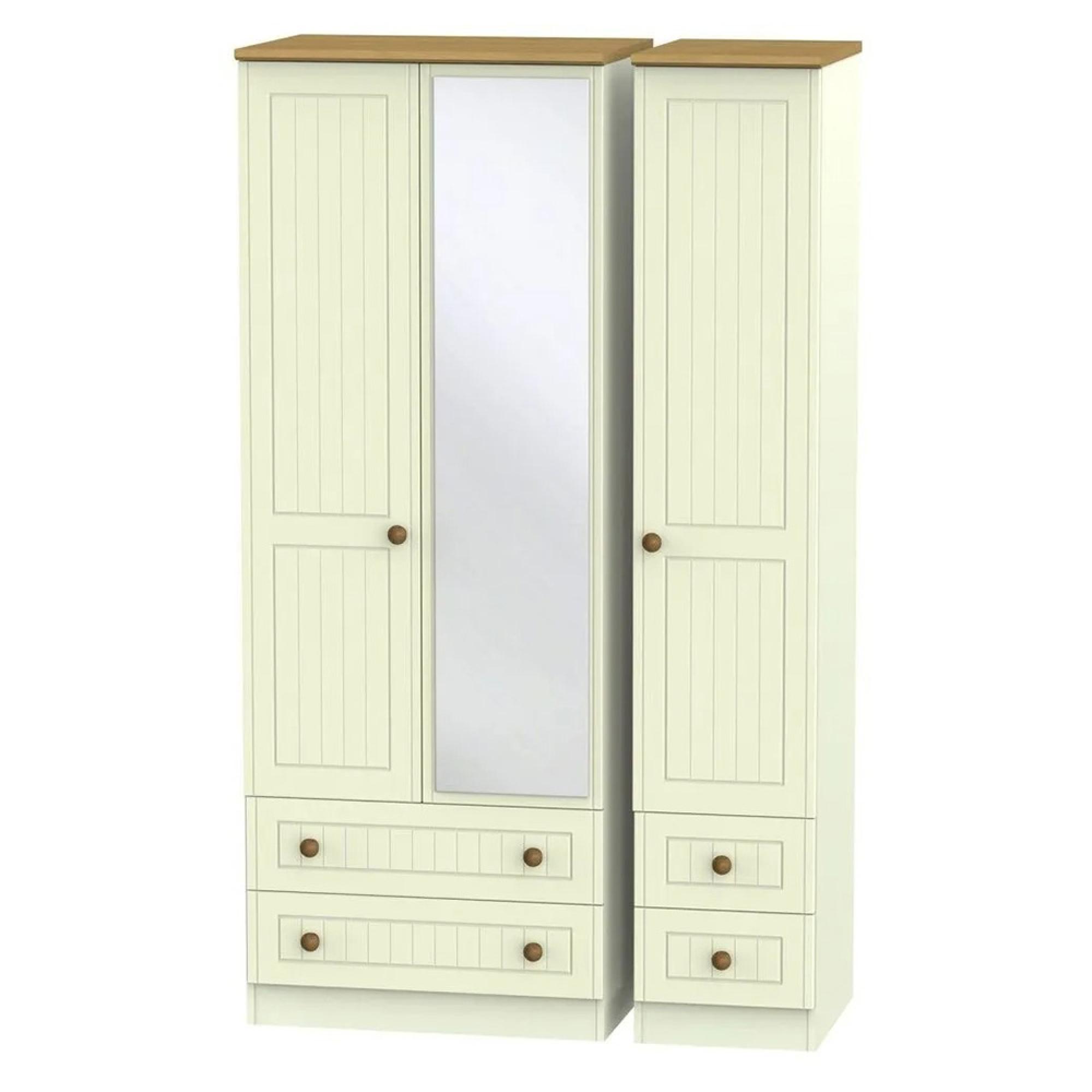 Warwick Wardrobe - 3 Door - Tall - Combi - 1 Mirror - Cream and Oak