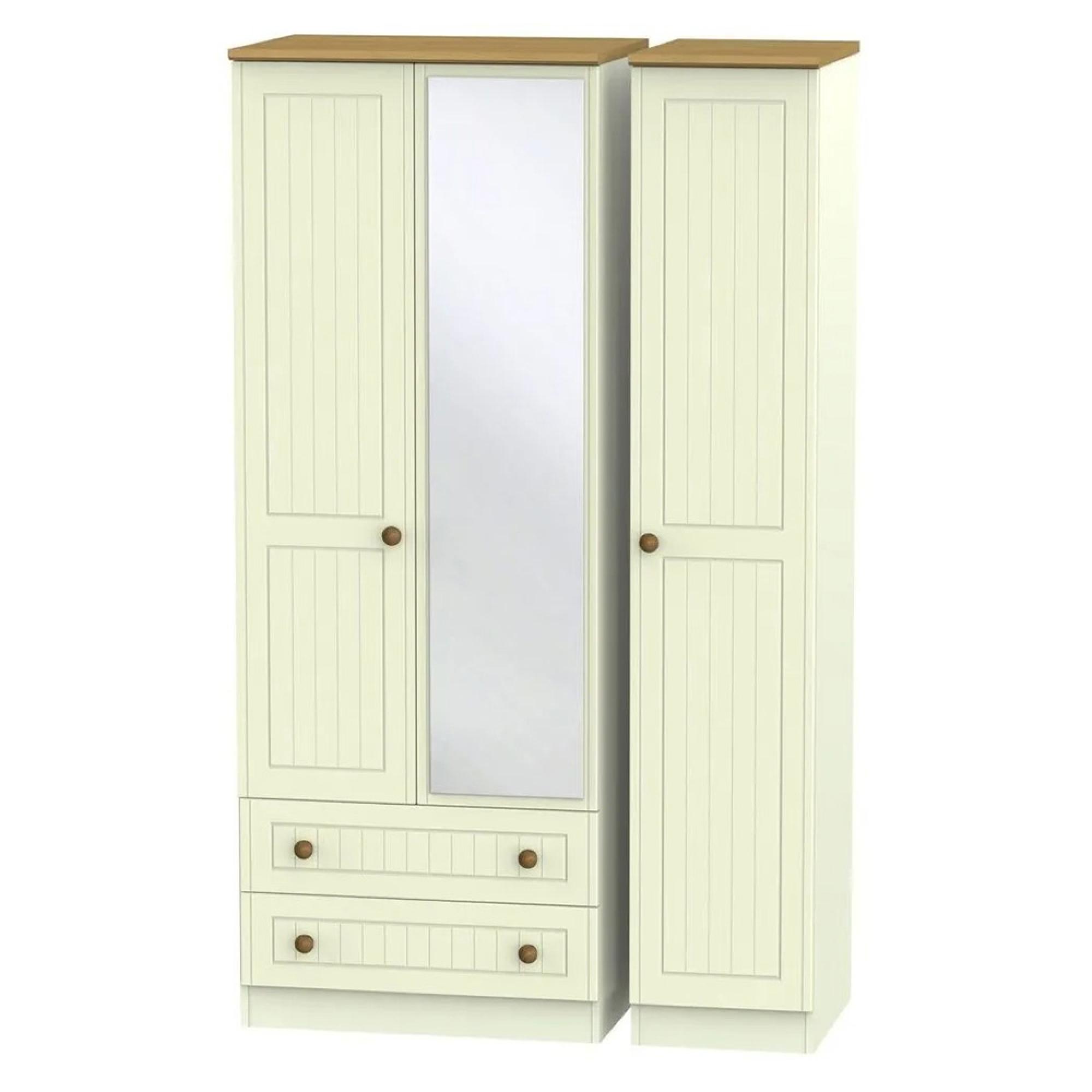 Warwick Wardrobe - 3 Door - Tall - Combi - 1 Mirror - LHF 2 Drawers - Cream and Oak