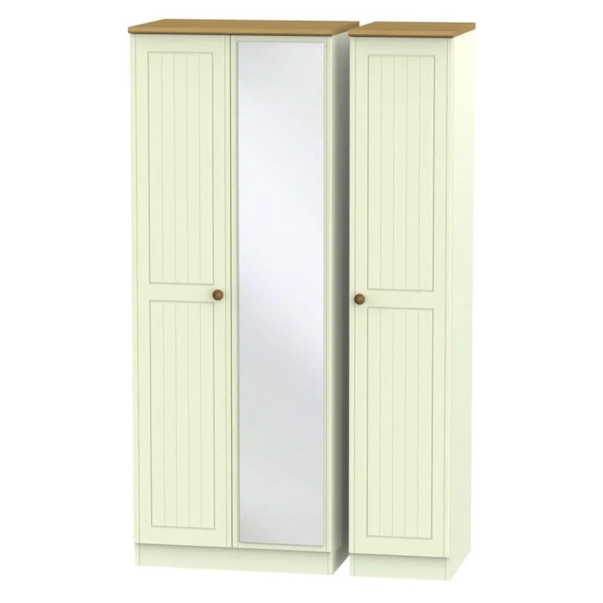 Warwick Wardrobe - 3 Door - Tall - Triple - 1 Mirror - Cream and Oak