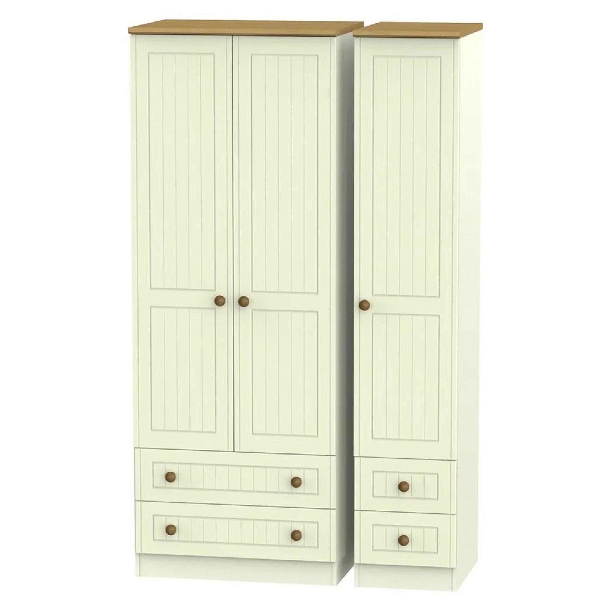 Warwick Wardrobe - 3 Door - Tall - Triple - 4 Drawers - Cream and Oak