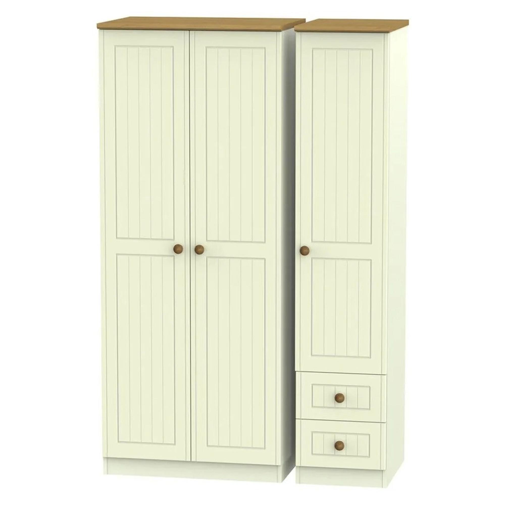 Warwick Wardrobe - 3 Door - Triple - RHF 2 Drawers - Cream and Oak