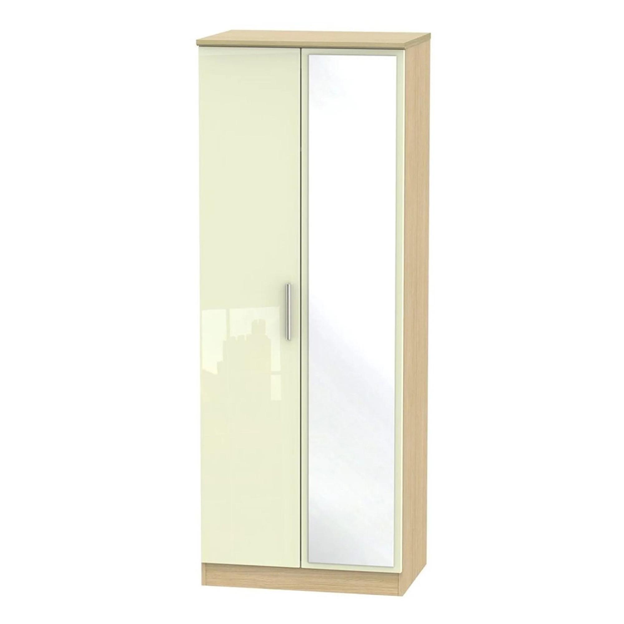 Knightsbridge Wardrobe - 2 Door - Tall - 1 Mirror - Cream Gloss and Light Oak