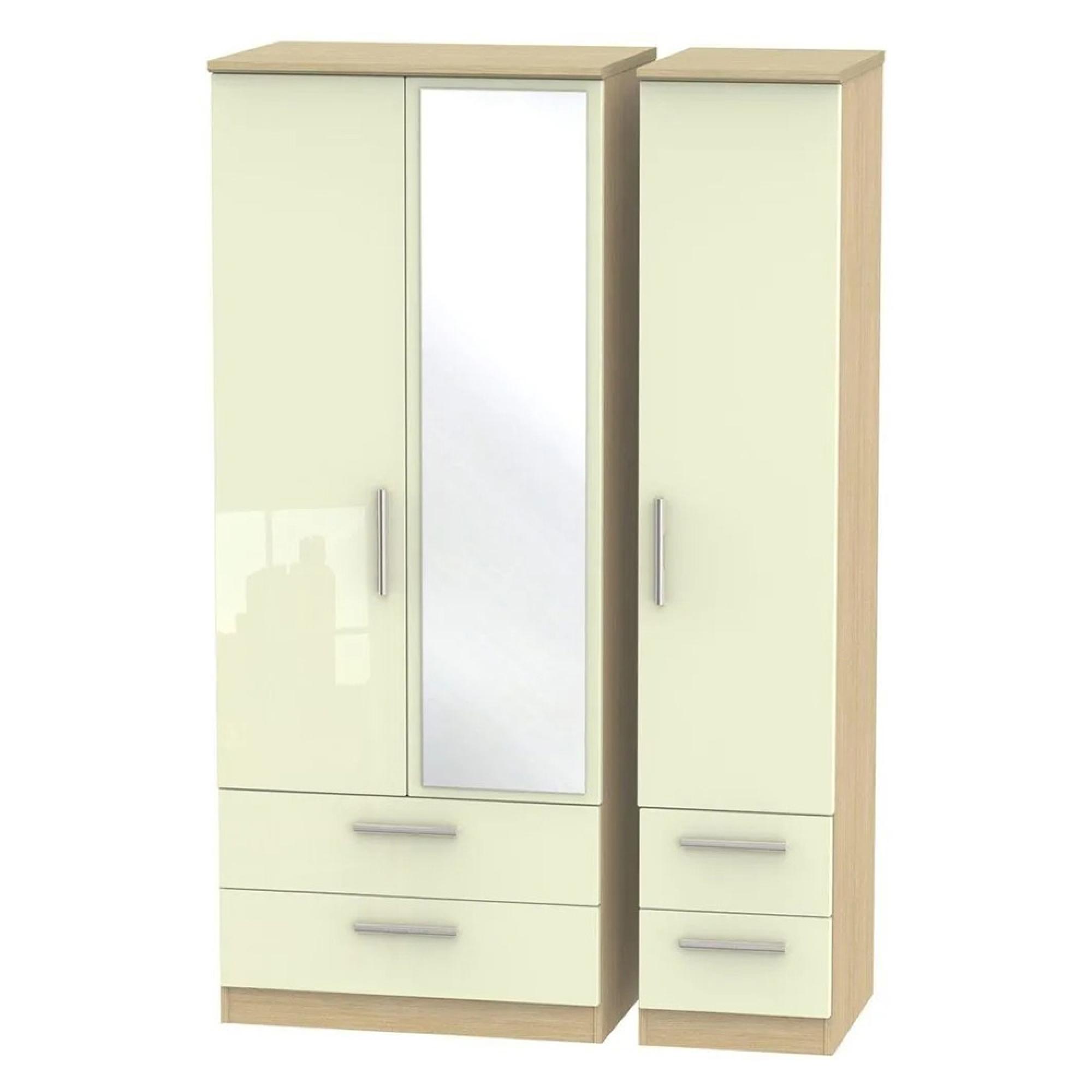 Knightsbridge Wardrobe - 3 Door - 1 Mirror - Combi - Cream Gloss and Light Oak