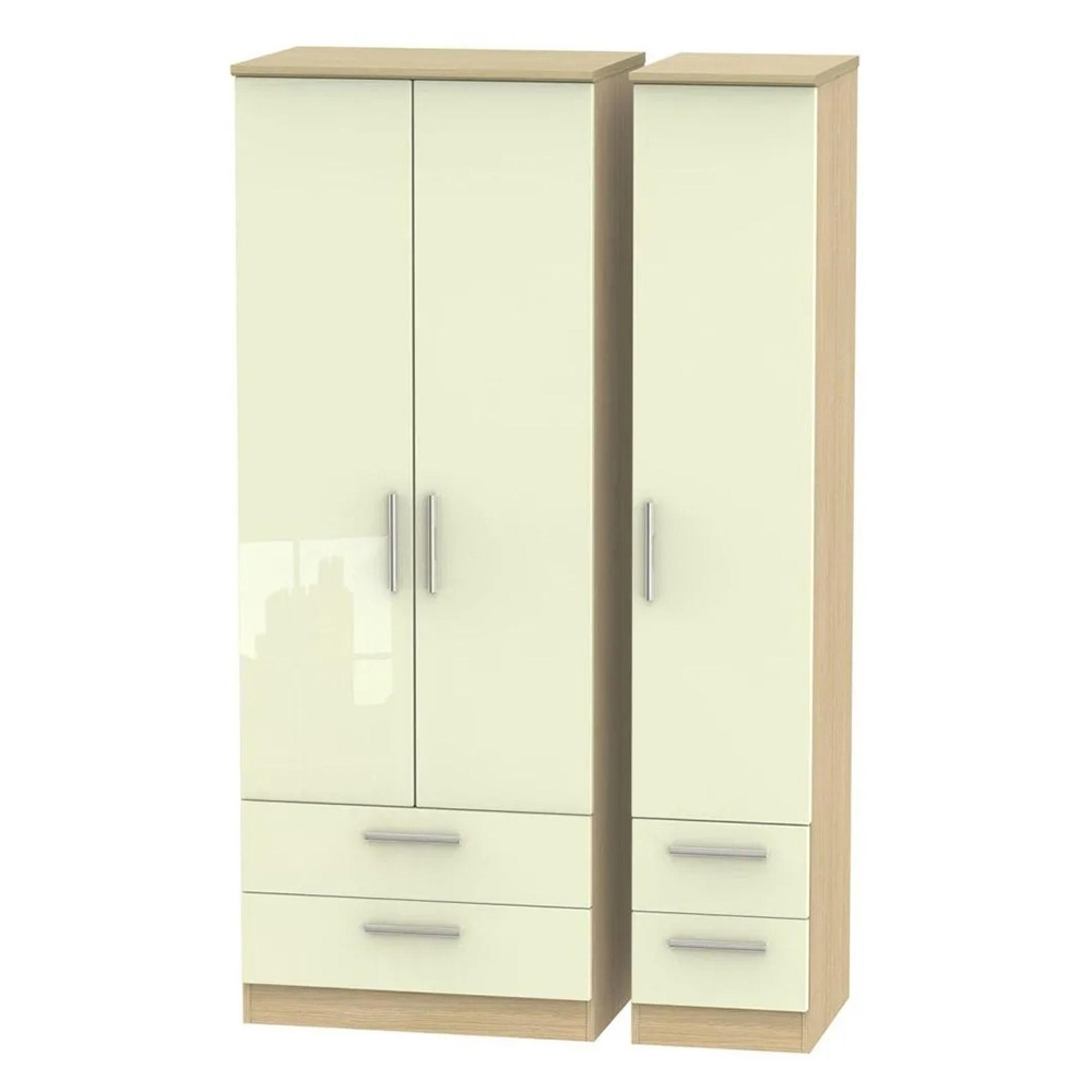 Knightsbridge Wardrobe - 3 Door - 4 Drawers - Tall Triple - Cream Gloss and Light Oak